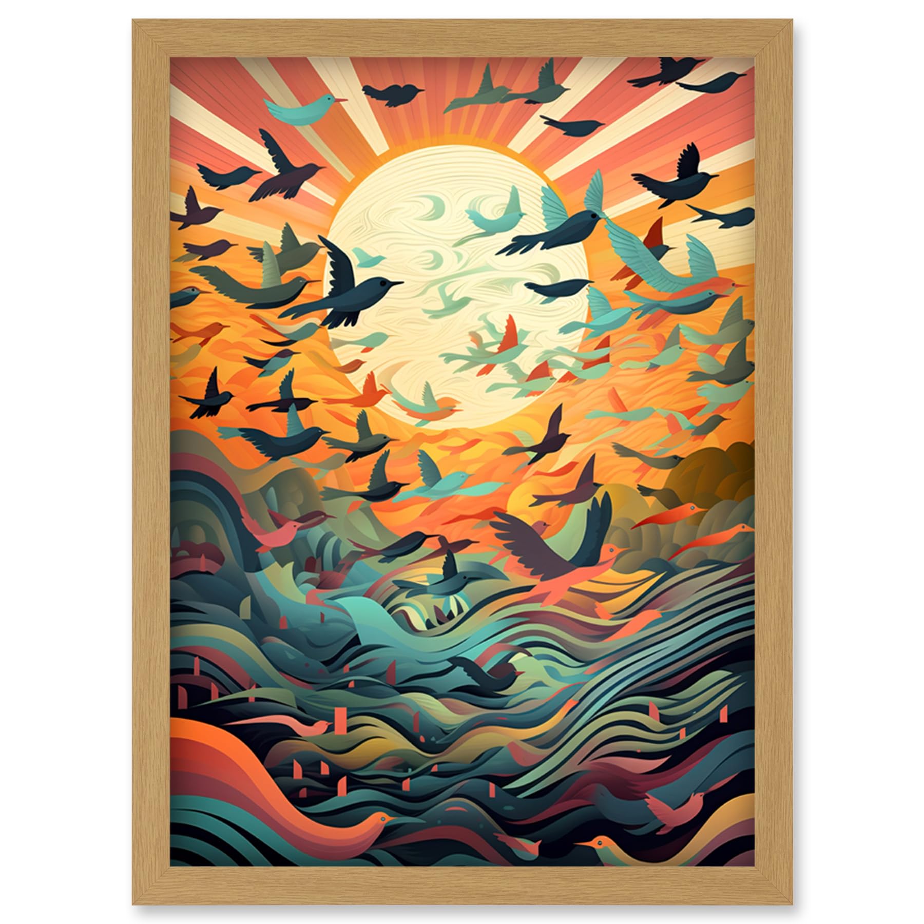 Artery8 Flock of Birds Flying at Sunrise Modern Folk Art Artwork Framed Wall Art Print A4