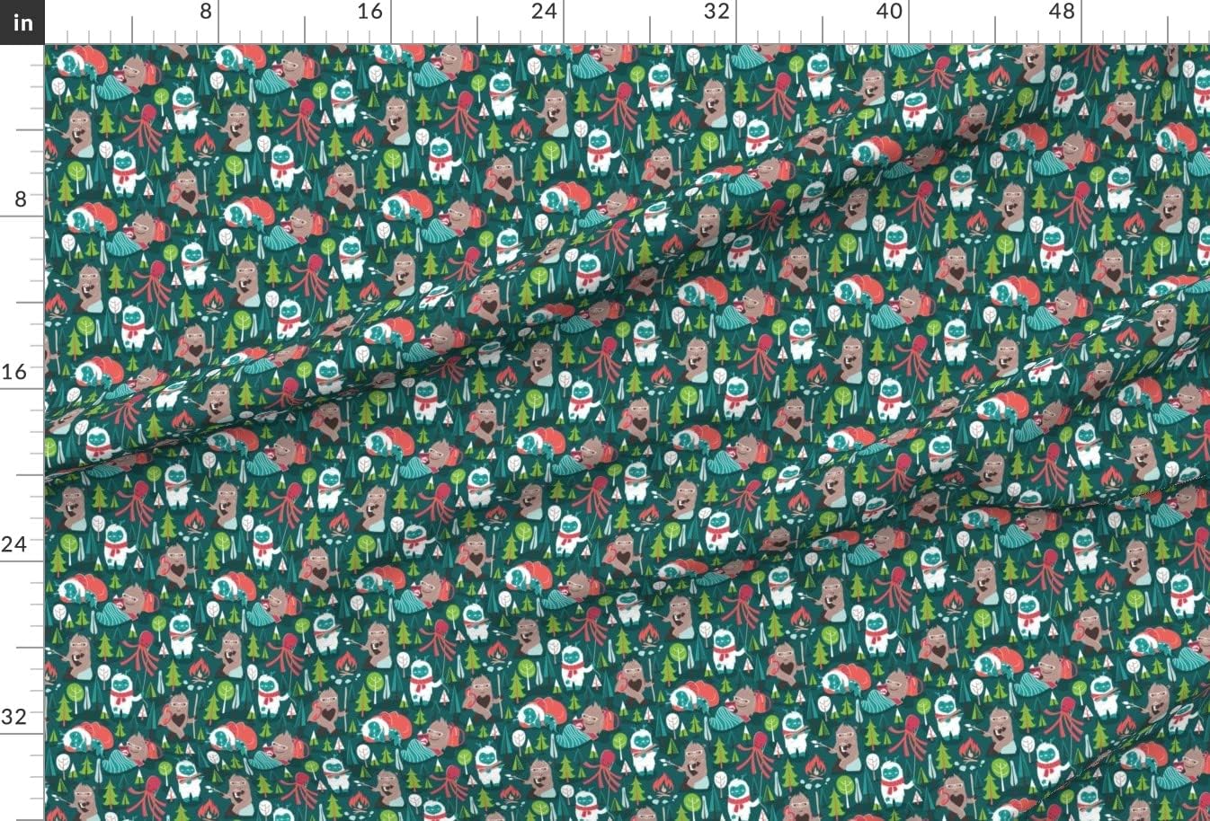 Spoonflower Fabric - Small Scale Green Background White Brown Bigfoot Aqua Yellow Teal Pine Printed on Minky Fabric by The Yard - Sewing Baby Blankets Quilt Backing Plush