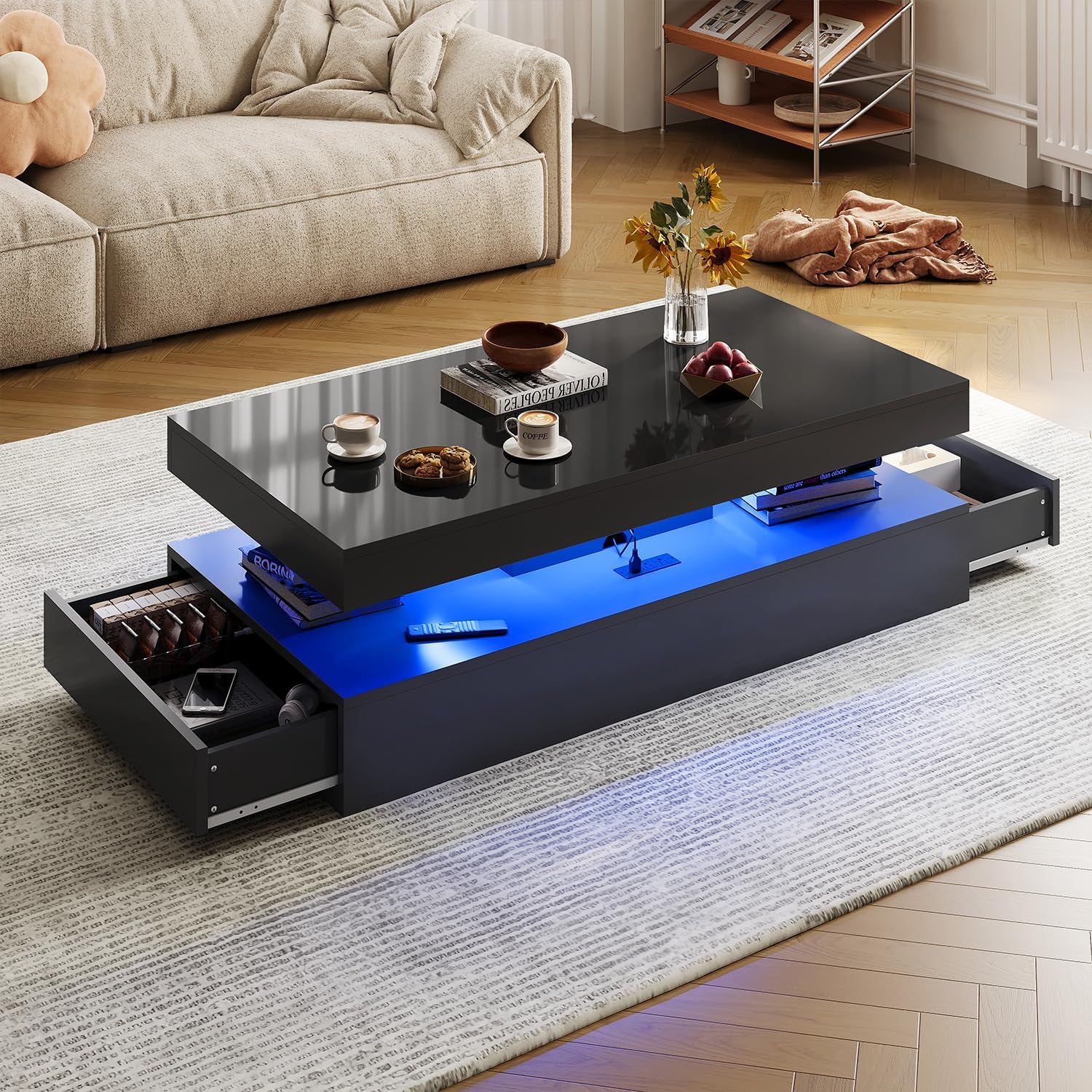47” High-Glossy LED Coffee Table with 2 Sliding Drawers, Living Room Storage Coffee Tables, Modern Stylish Double-Layer Center Tables with LED Lights, Black