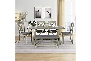 Merax 6-Piece Rustic Style Rectangular Wooden Dining Table Set with Padded Bench and 4 Chairs