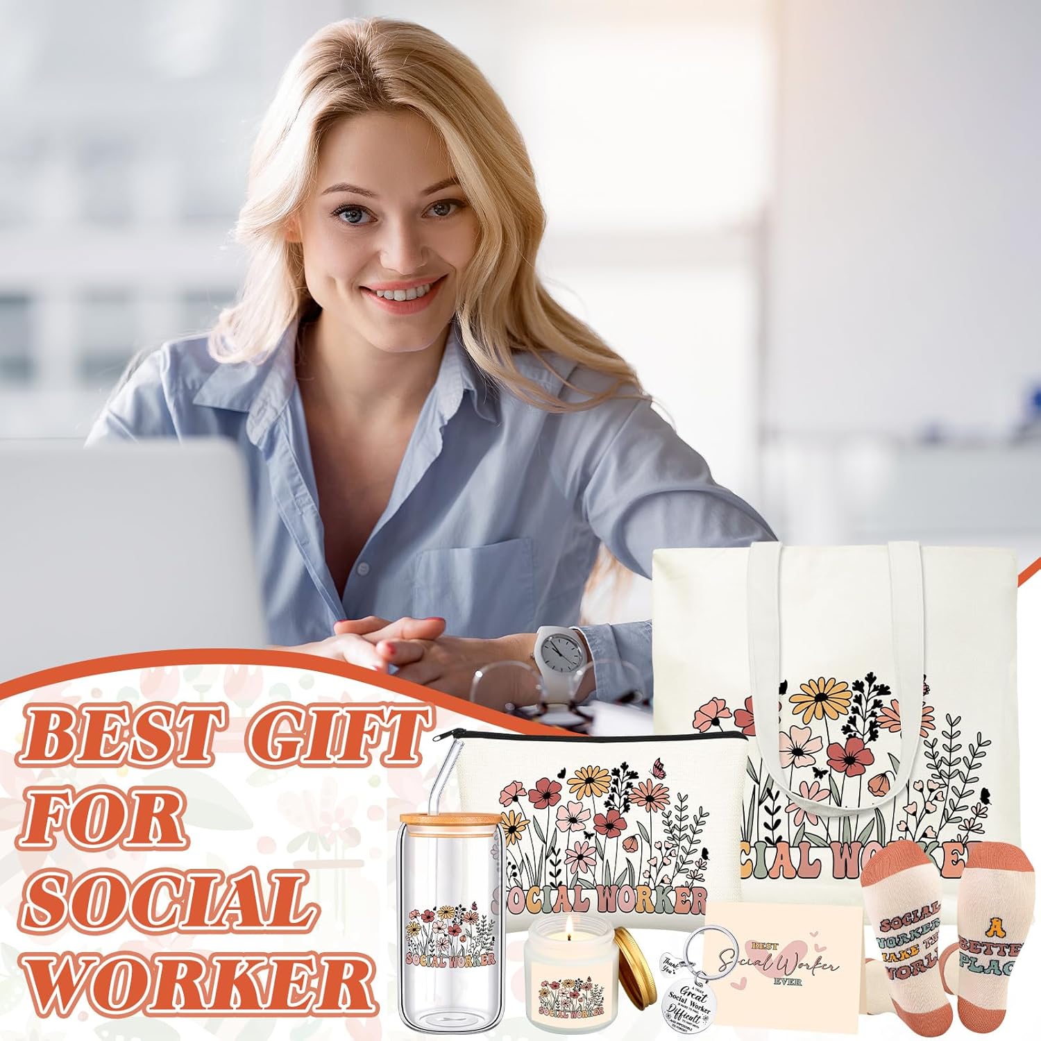 6 Pcs Social Worker Gifts for Women School Social Worker Must Haves Appreciation Gifts for Housekeeping Volunteer with 17 Oz Glass Cup Canvas Tote Bag Key Chain - Image 4