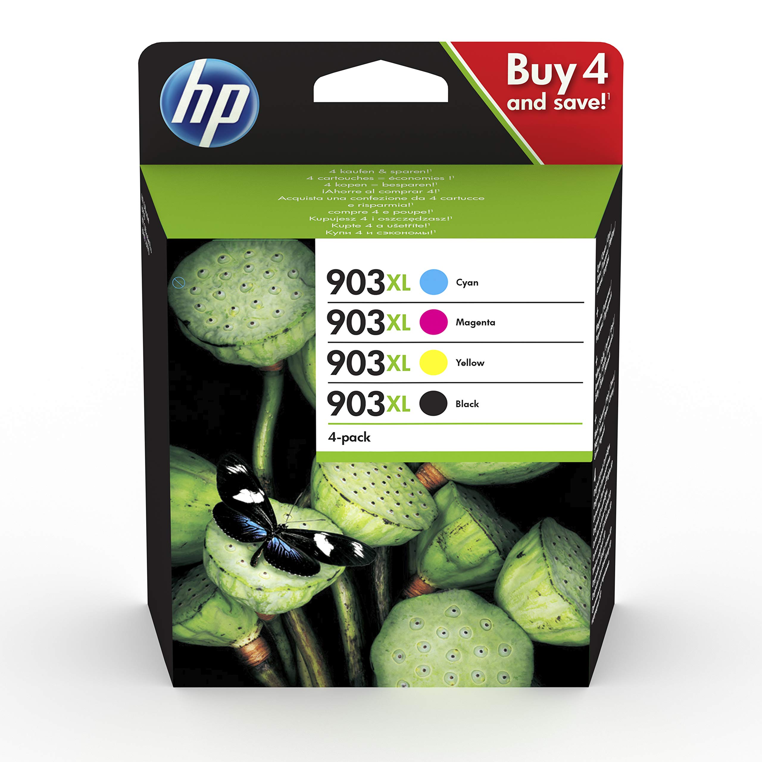 HP 903XL 3HZ51AE, Negro y Tricolor, Cartuchos de Tinta de Alta Capacidad Originales, Pack de 4, compatible con impresoras de inyección de tinta HP OfficeJet 6950, 6951; OfficeJet Pro 6960, 6970
