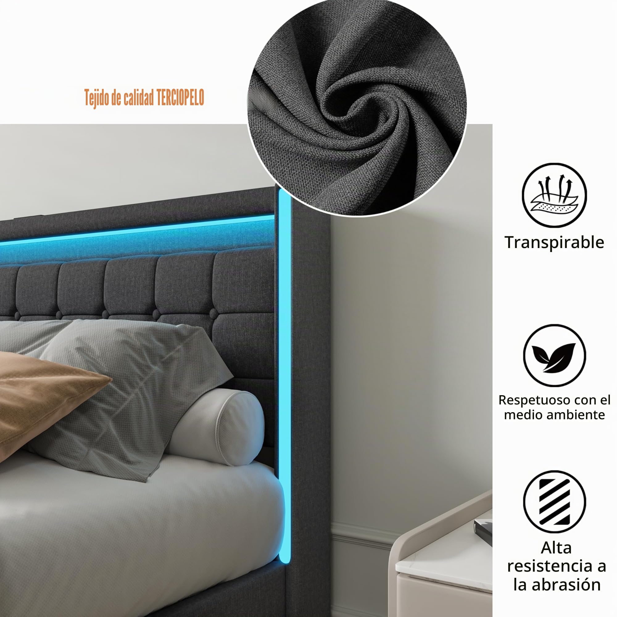 BRILVERDE Cama tapizada 160x200 con almacenaje, con 4 cajones, Cama matrimonial con Toma USB y luz LED, con cabecero y somier de láminas, Lino (Grigio, 160 x 200 cm)