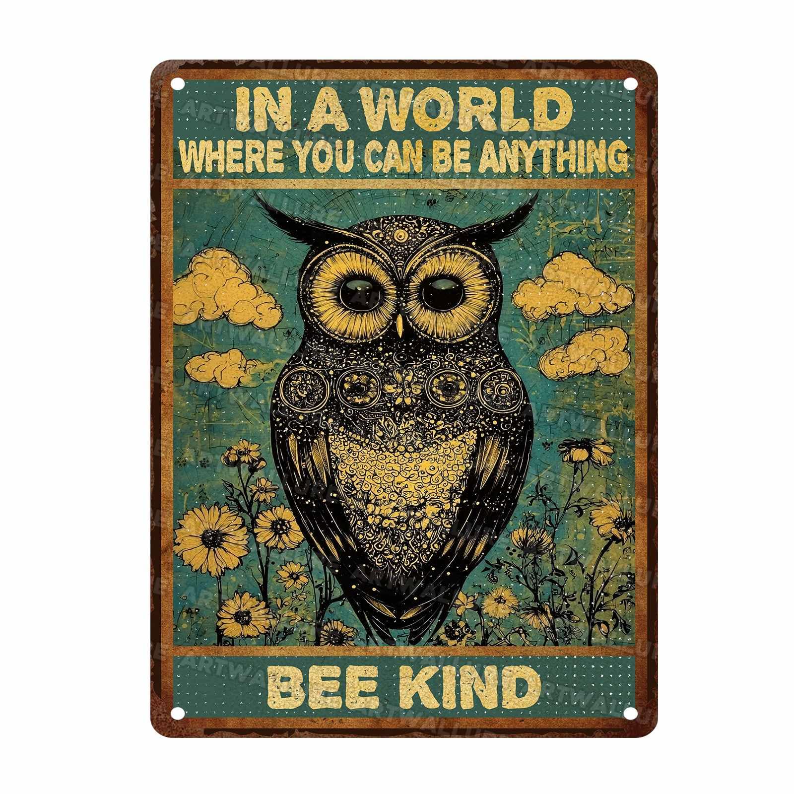 Owl Vintage Sign Floral and Owl Art Decor Metal Tin Sign Hippie Wall Home kitchen Decor 12x16Inch
