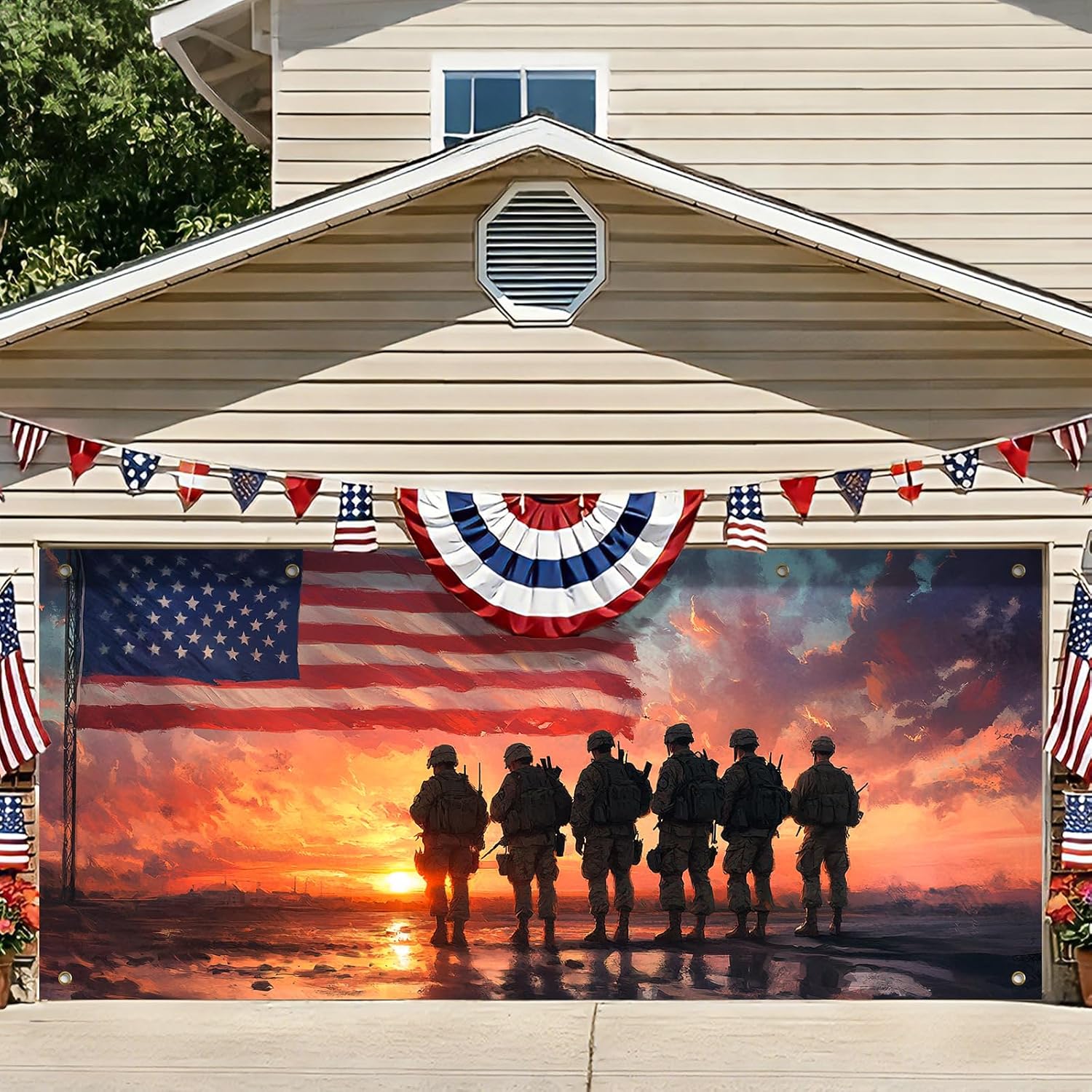BlissYard 13x6ft Patriotic Garage Door Banner 4th of July Decorations American Patriotic Backdrop Banners USA Soldier Garage Door Cover Decor Memorial Independence Day Photo Background