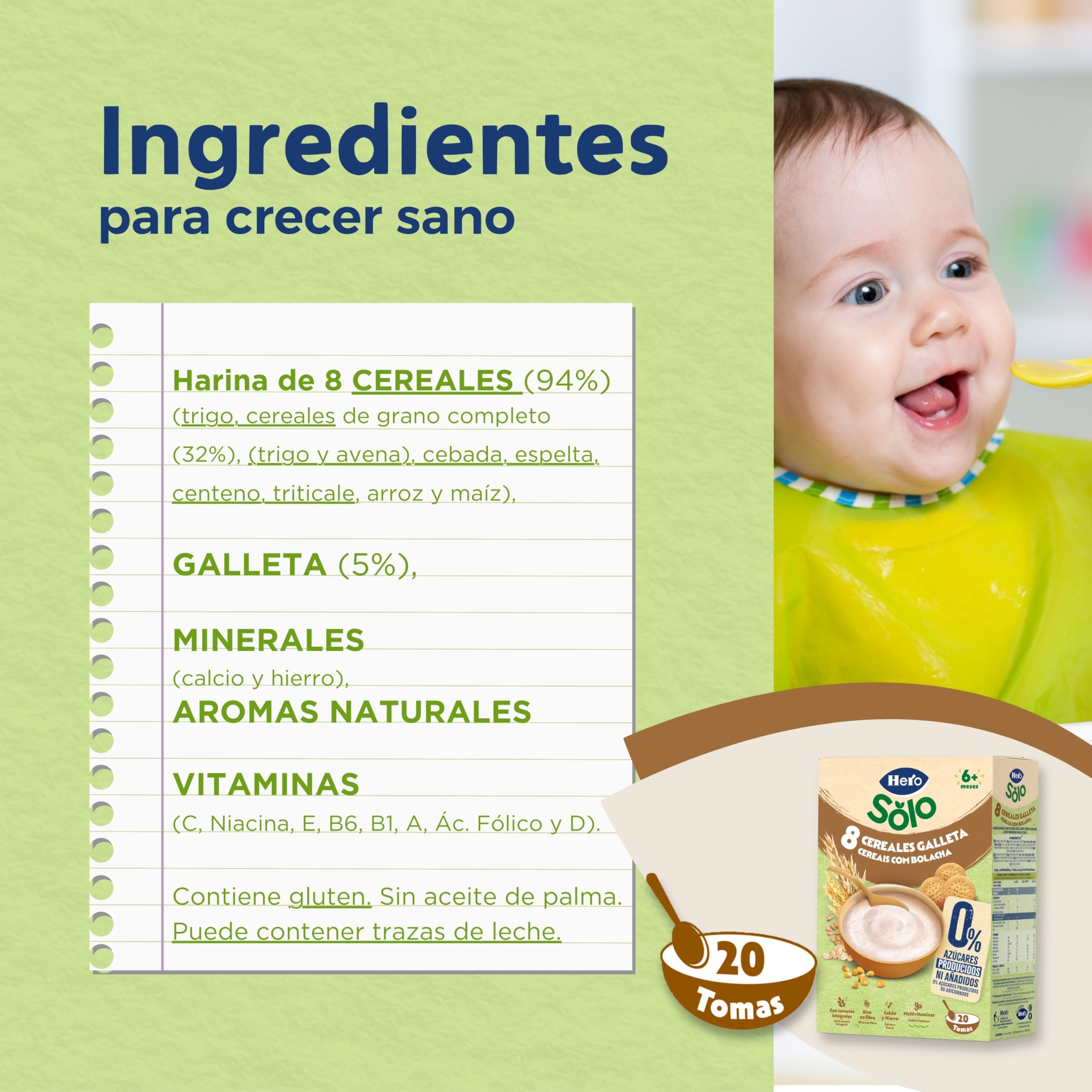 Hero Solo Papilla 8 Cereales con Galleta Sin Azúcares Añadidos para Bebés 6 Meses