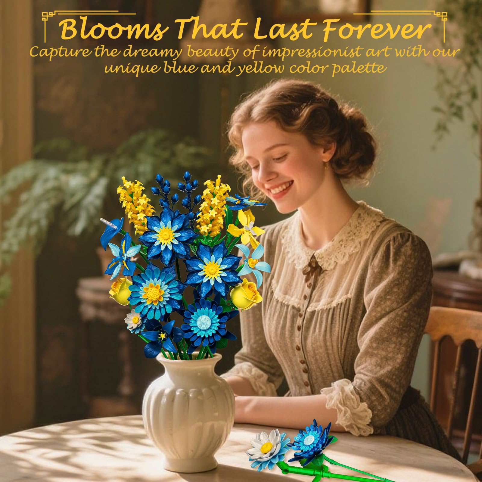Rongmeiz Glacia Daisy Flower Bouquet Building Kit, Art-Inspired Ice Blue Floral Arrangement with Premium Blocks - Image 4