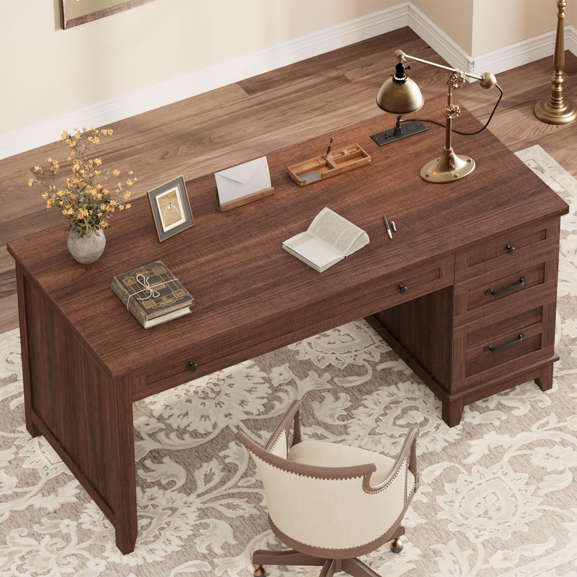 IDEALHOUSE 53.5" Farmhouse Computer Desk with Charging Station, Rustic Black Home Office Executive Desk, Wooden Workstation with File Cabinet Storage