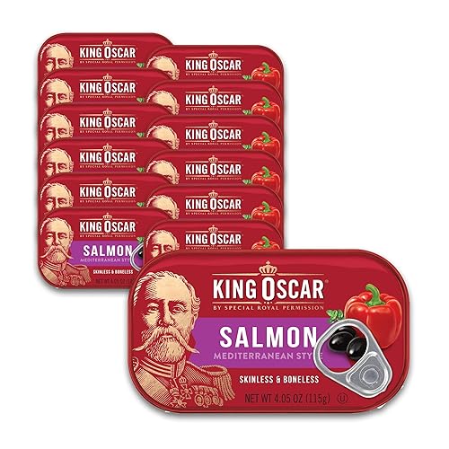 King Oscar Salmón premium en aceite de oliva, estilo mediterráneo, latas de 4.05 onzas (paquete de 12, el embalaje puede variar), salmón sin piel y