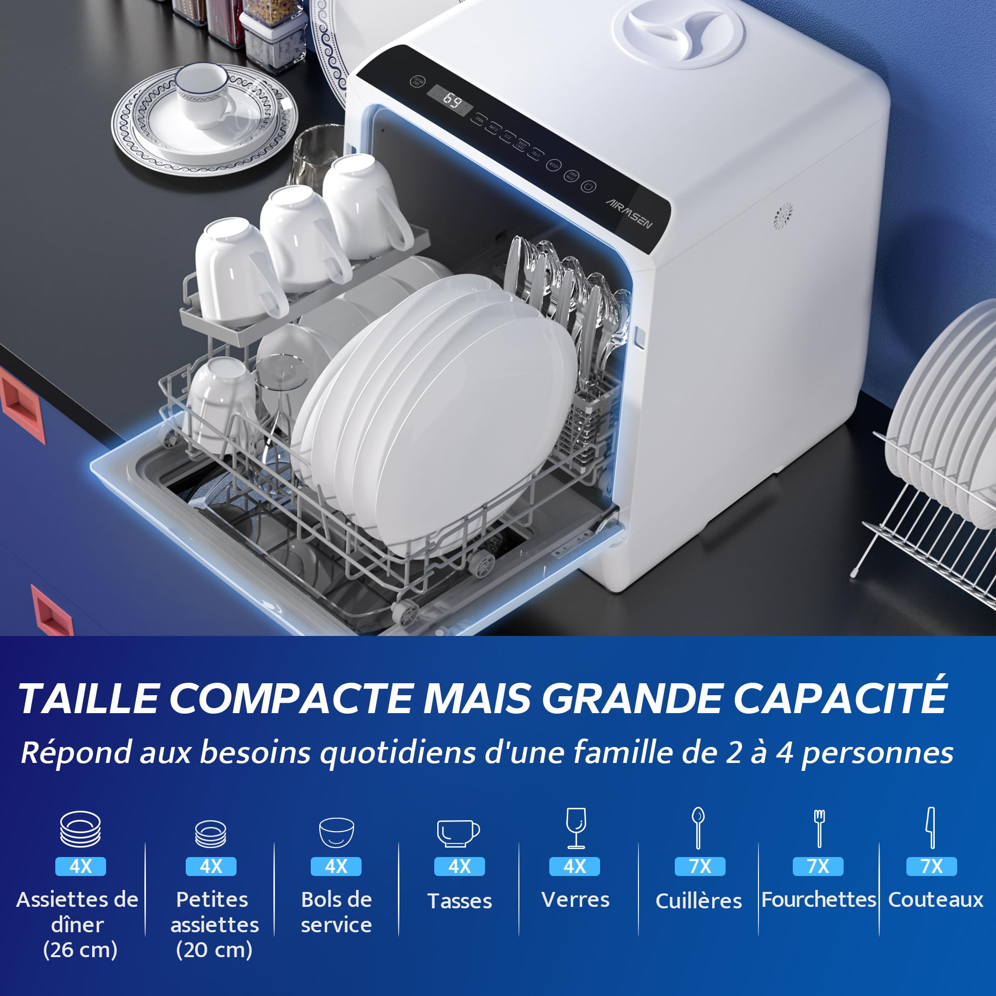 AIRMSEN Mini Lave-Vaisselle de Comptoir, 5+1 Programmes, Réservoir 5L, Contrôle Tactile, Écran LED, Blanc et Noir