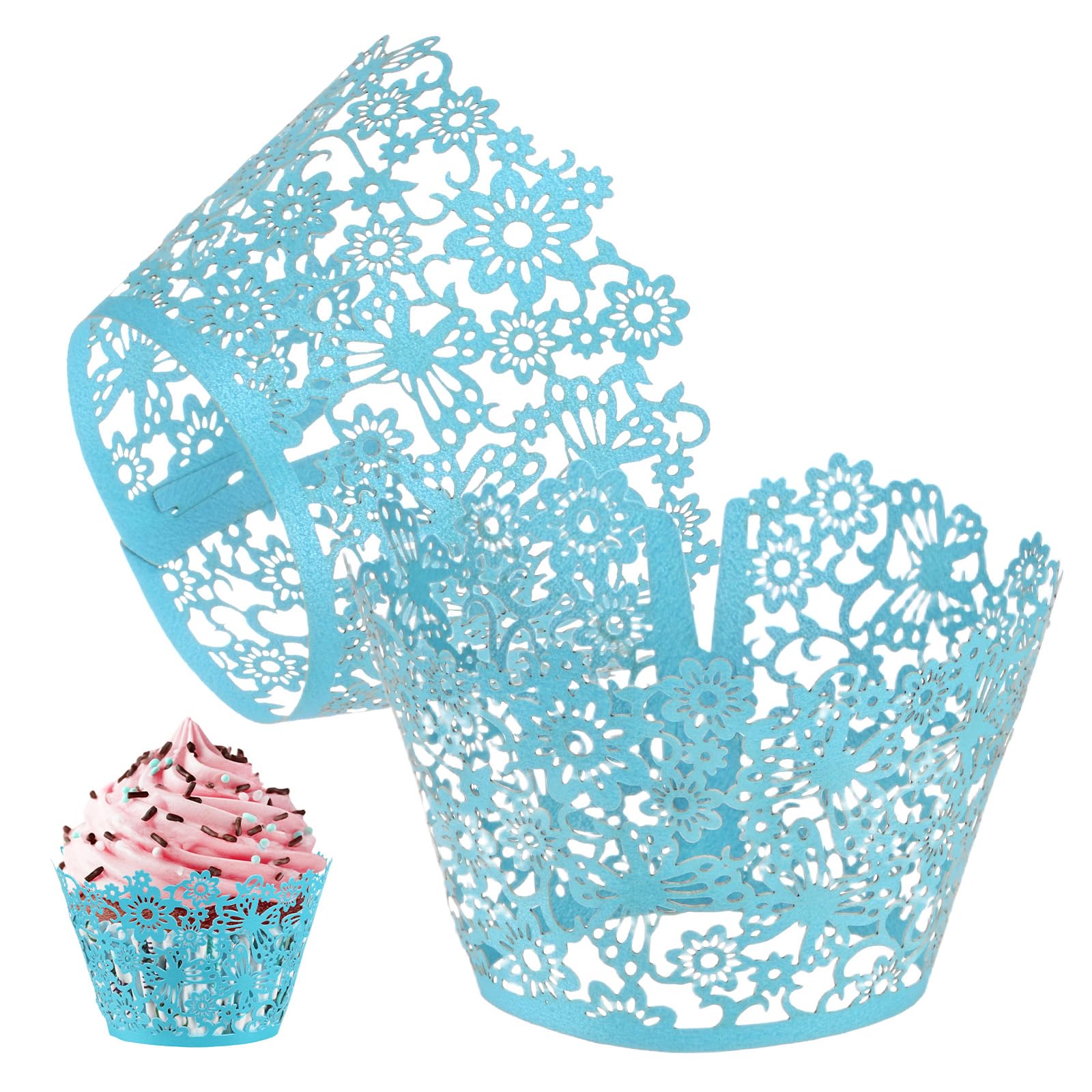 M METERXITY 50-Pack Cupcake Wrappers, Pearlescent Art Paper, Floral Lace Hollow Out Cupcake Liners for Wedding/Birthday Party Decoration, Bake Cake Paper[Sky Blue]