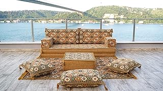 8" Thickness Gold Floor Couch, Sectional Sofa, Arabic Majilis, Arabic Jalsa, Meditation Yoga Loveseat, Healing Room Floor Cushion, Sofa Covers (Sofa + Rug)
