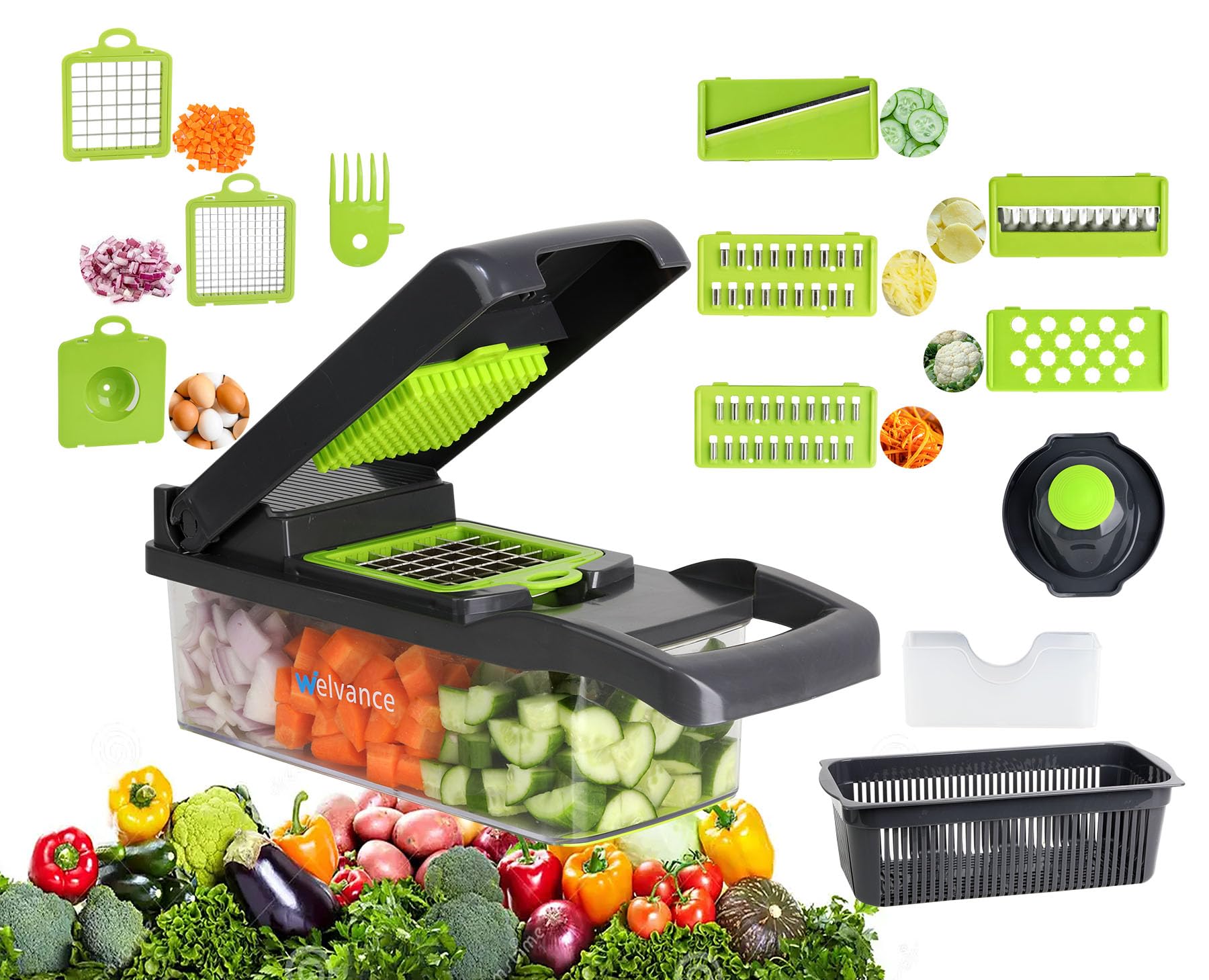 Multi-functional Vegetable Chopper with container, Salad Cutter & Fruit Slicer - Ultra-Sharp Stainless Steel Blades, Compact Onion Chopper & Potato Slicer, Versatile Kitchen Helper - BPA Free