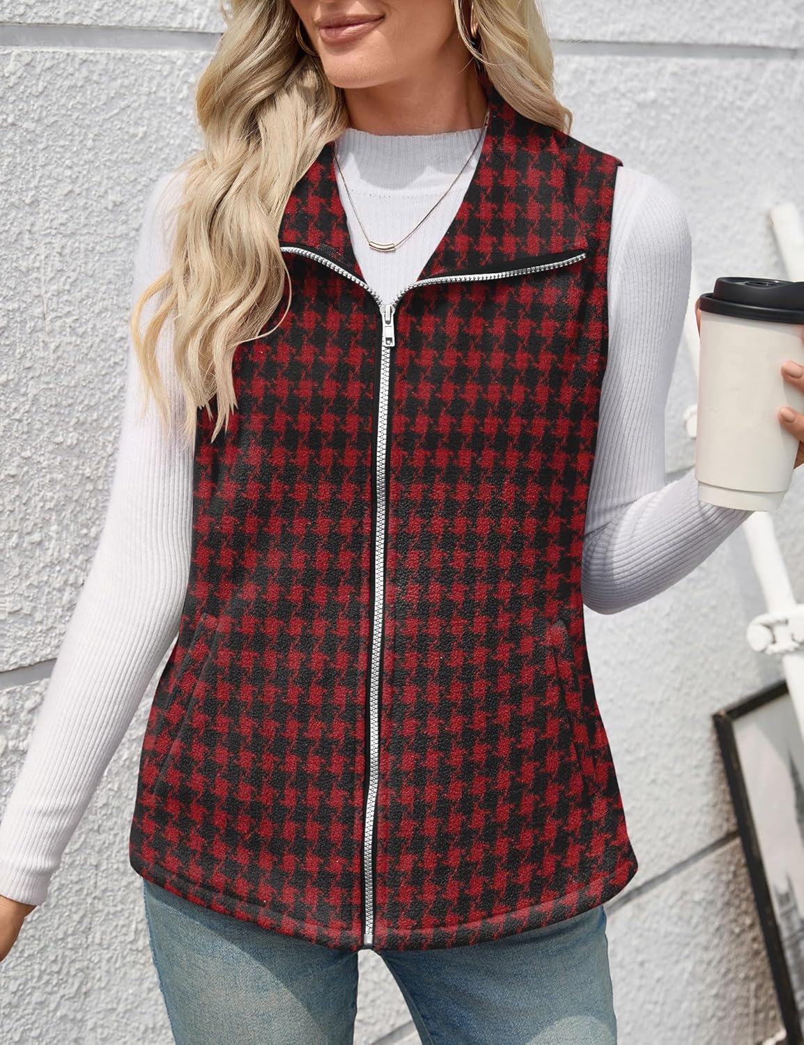 Rapbin Women's Plaid Outerwear Vests Tops Zip Up Collared Sleeveless Jacket with Pockects - Image 6