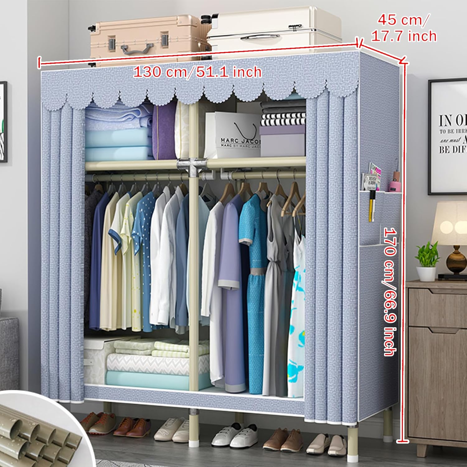 Folding Wardrobe,Fabric Wardrobes for Bedroom,Portable Clothes Storage Organiser,Foldable Closet Cupboard Unit,Portable Wardrobe Shelves with Hanging Rail,Yellow