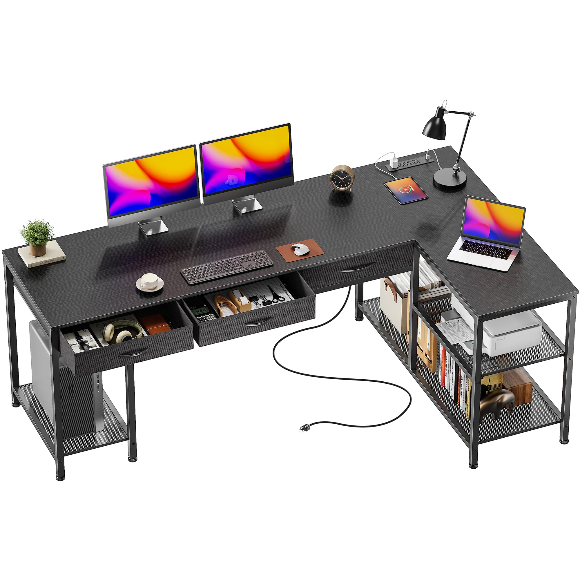 Photo 1 of **MISSING PIECES, PARTIAL SET** PRAISUN 63 Inch L Shaped Office Desk with Power Outlets and Type-C Port, Large Computer Gaming Desk with 3 Fabric Drawers, Mesh Shelves, Corner Study Work Writing Desk, Black
