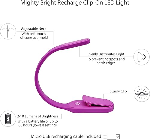 Miniatura 2 de The Original Mighty Bright - Luz de lectura recargable con clip, luz LED cálida para el cuidado de los ojos, flexible, duradera, regulable, perfecta