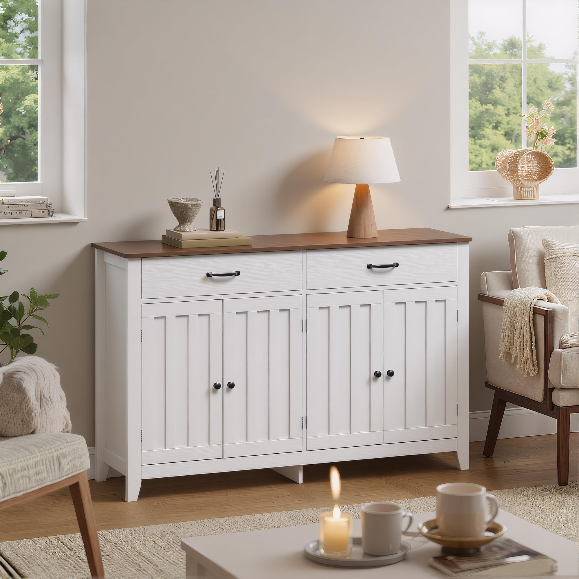Credenza Cucina,Mobile da Cucina con Piano, con 4 Doors and 2 Drawers,per Soggiorno, Cucina, Sala da Pranzo,140 x 40 x 89CM,Retro