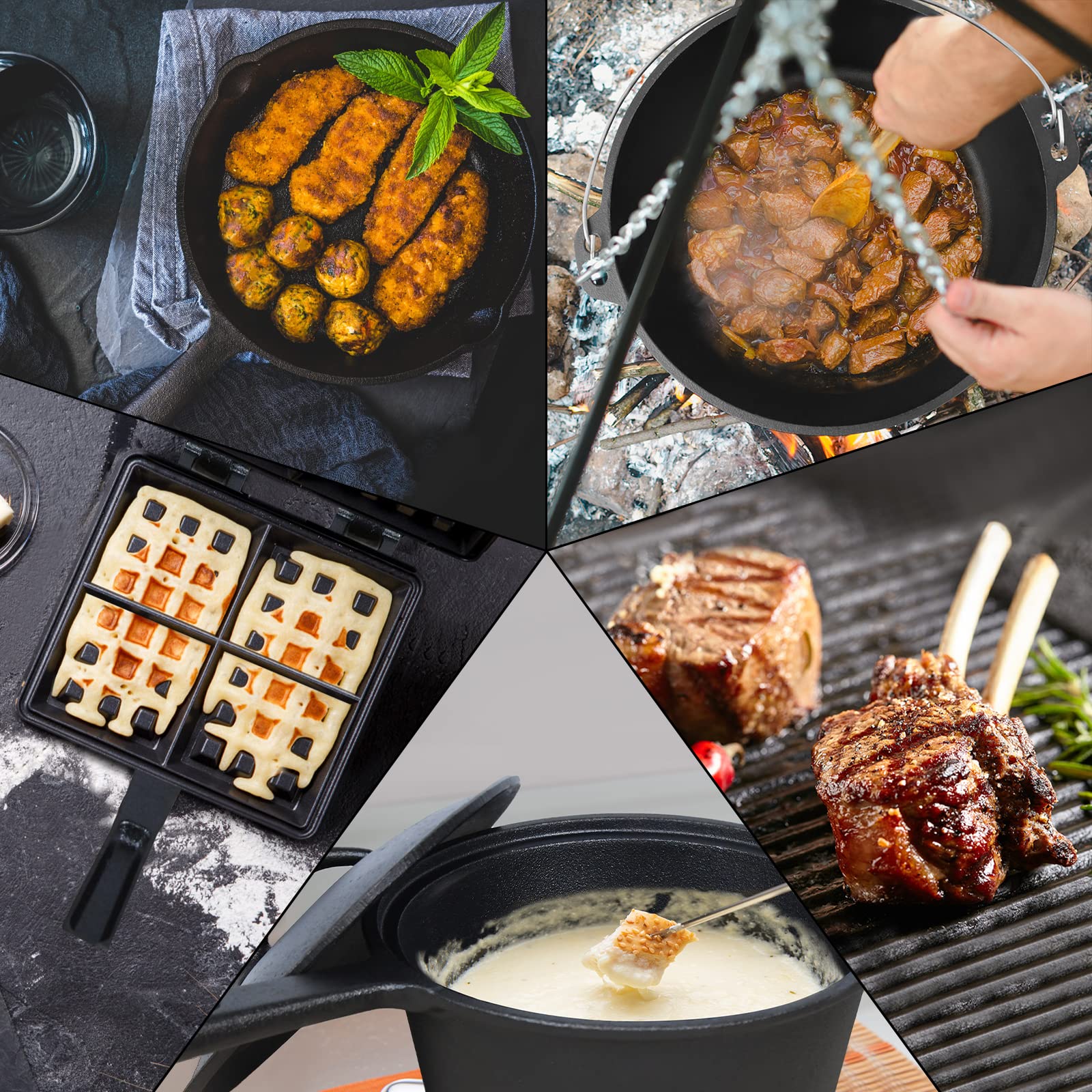 Froadp Set de Horno Holandés Dutch Oven Set Olla de Hierro Fundido Incluye Sartén Sartén para Hornear Cazuela Gancho de Mano etc Firepot Olla Parrilla para BBQ Interior Exterior Camping (10 Piezas)