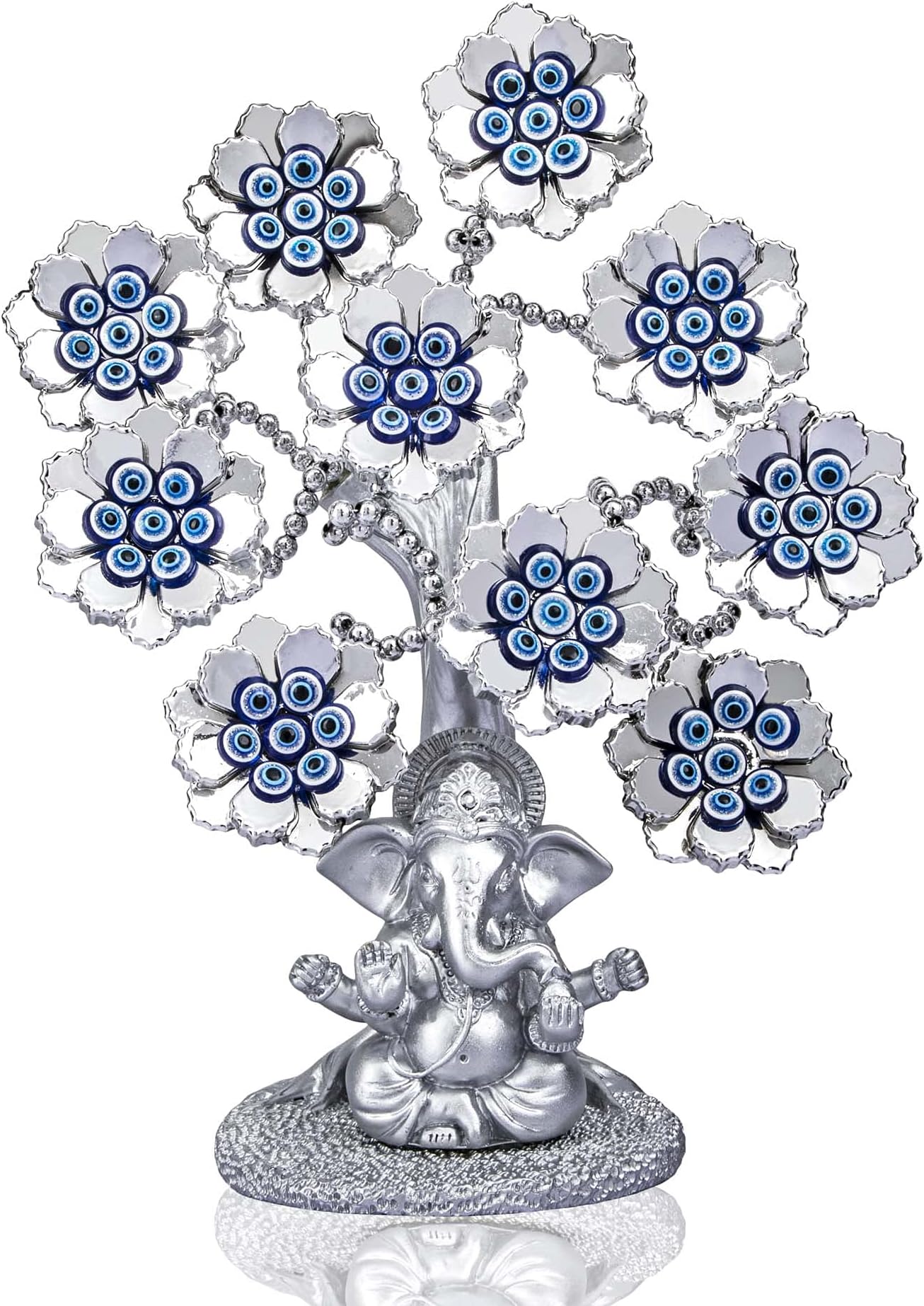 HDCRYSTALGIFTS Evil Eye Gifts Flowers Lucky Artificial Tree with Silver Ganesha Statue Hindu Elephant God Home Office Feng Shui Protection Ornament Sculpture Table Room Decor