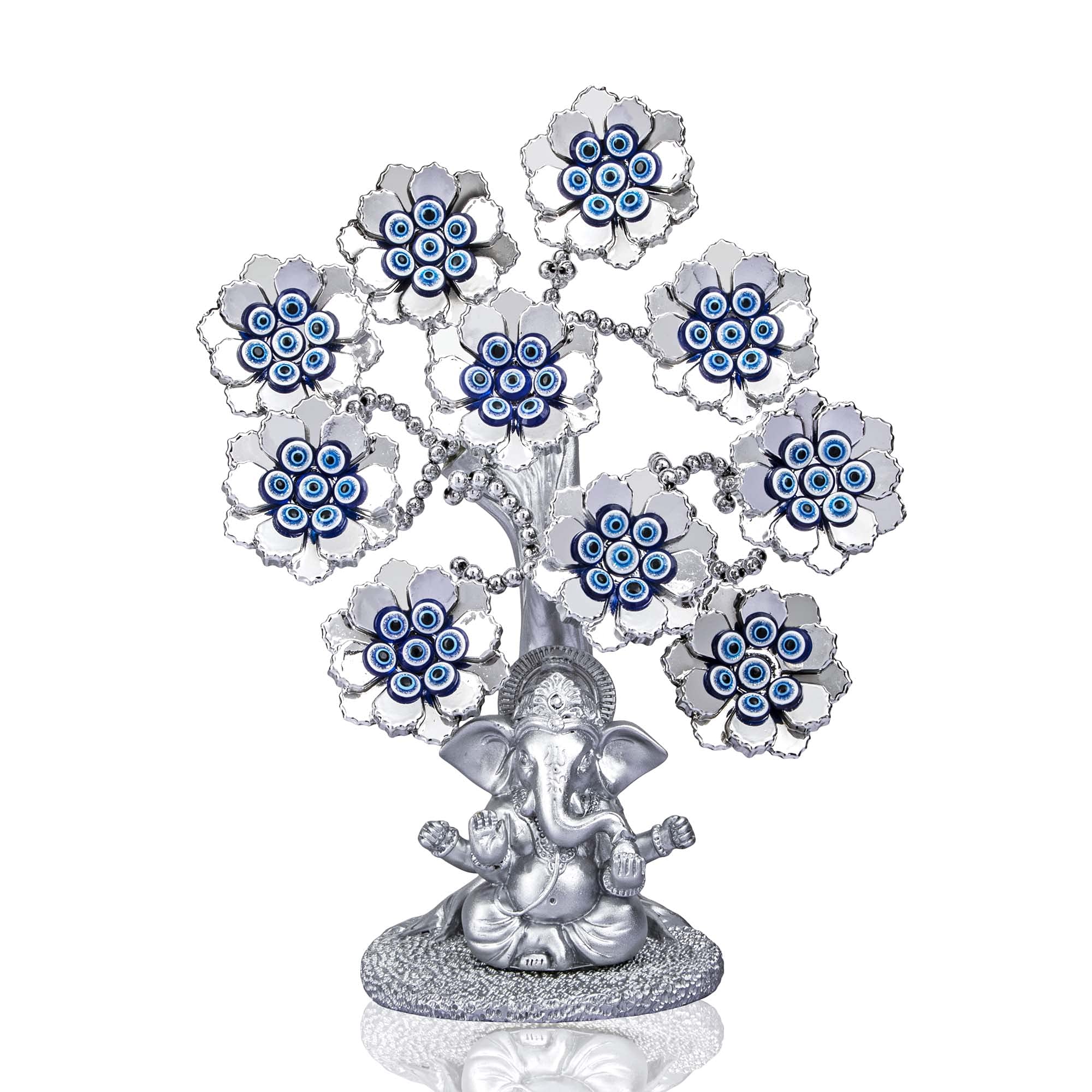 HDCRYSTALGIFTS Evil Eye Gifts Flowers Lucky Artificial Tree with Silver Ganesha Statue Hindu Elephant God Home Office Feng Shui Protection Ornament Sculpture Table Room Decor