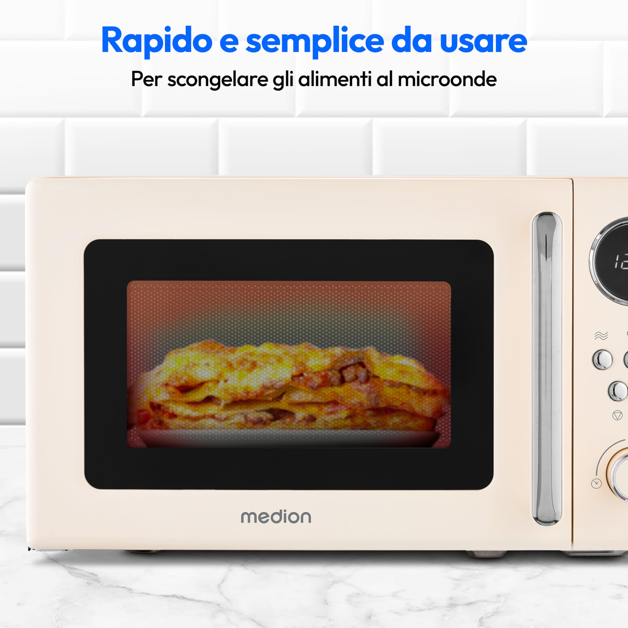 MEDION retro microonde (20 litri, circa 800 watt, 5 impostazioni microonde, 8 programmi automatici, display digitale, funzione scongelamento, compatto, MD15000) beige