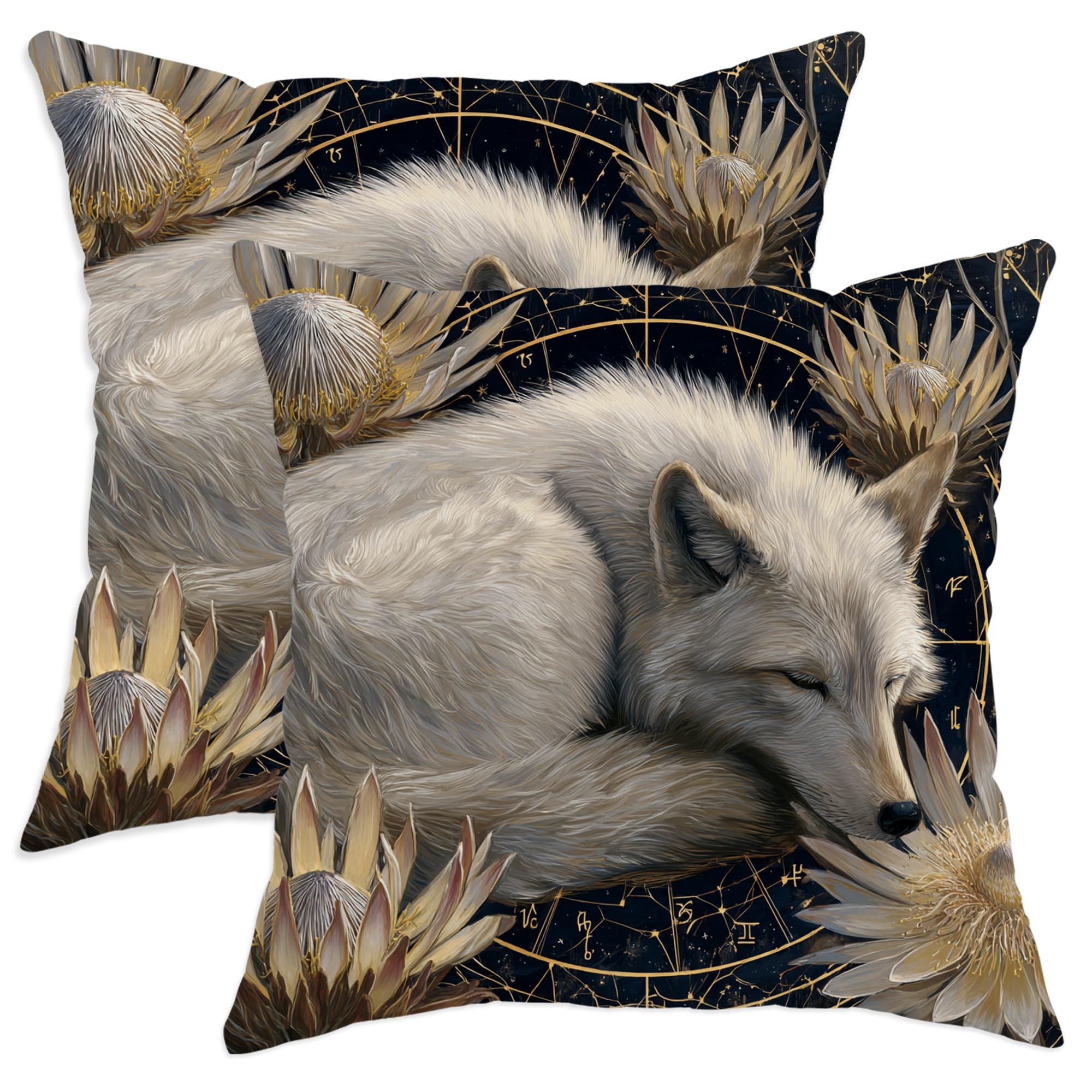 Winter Wolf Throw Pillow Covers Set of 2, Cream White Fox Floral Cushion Covers, Bohemian Decorative Home Sofa Accents Pillows for Cozy Living Room