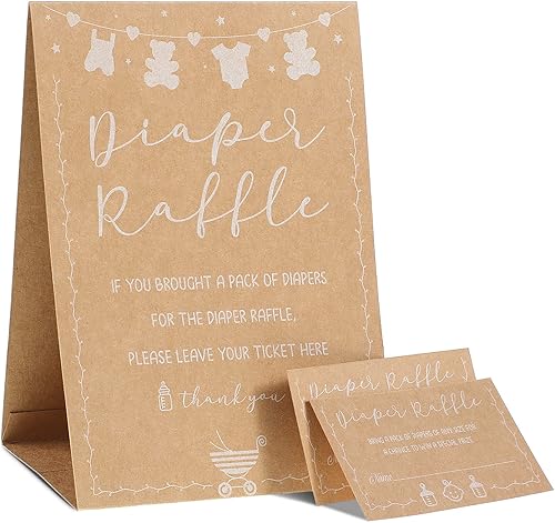 Miniatura 1 de 50 boletos para rifas de pañales y 1 letrero para juegos de baby shower, invitaciones para baby shower con tarjetas de sorteo de pañales, papel