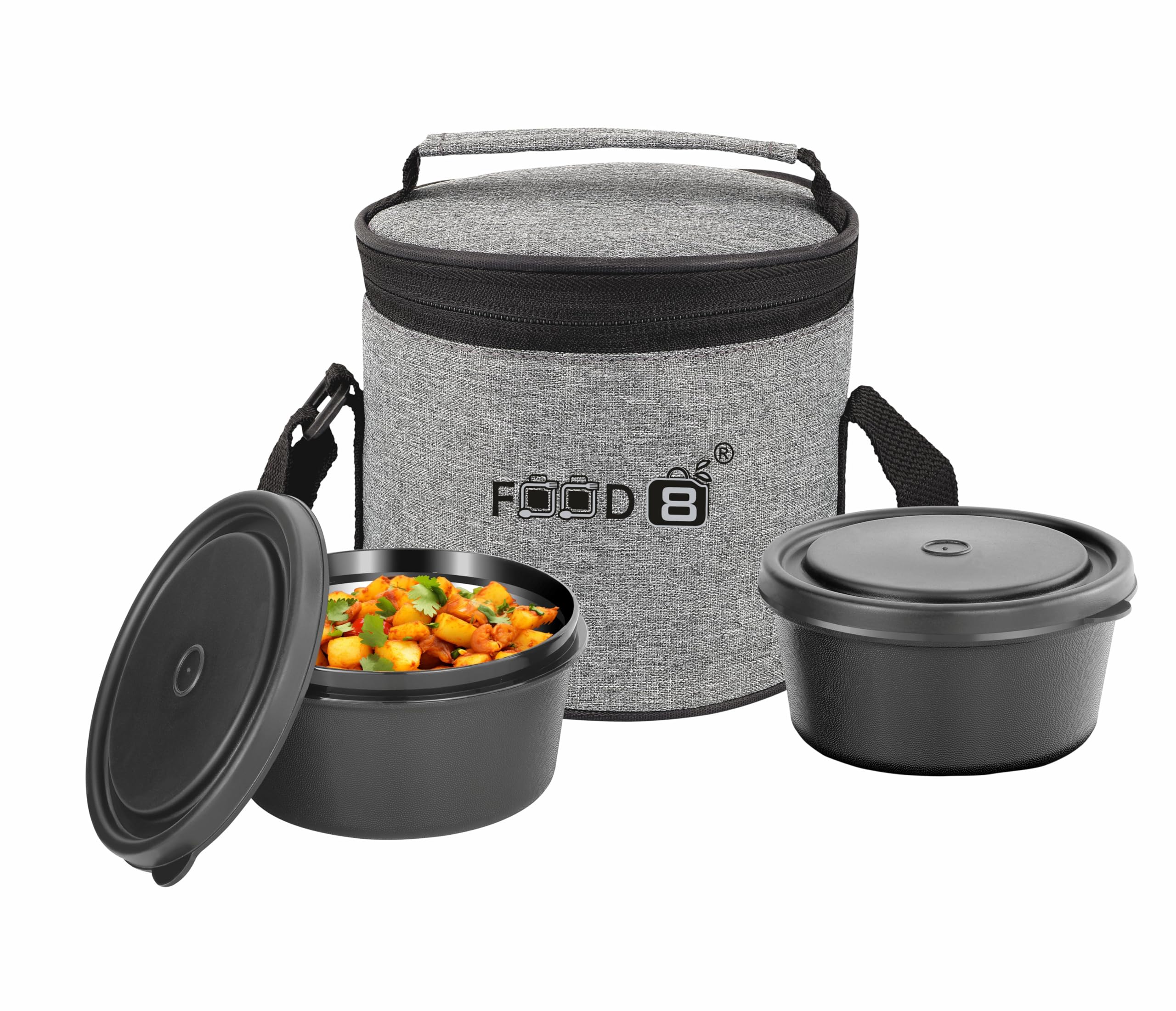 Feast Lunch Box, Microwave Safe & Leak Proof, 2 Inside Steel Containers with BPA Free Airtight Lids (400ml Each), with Carry Bag (Grey & Black)