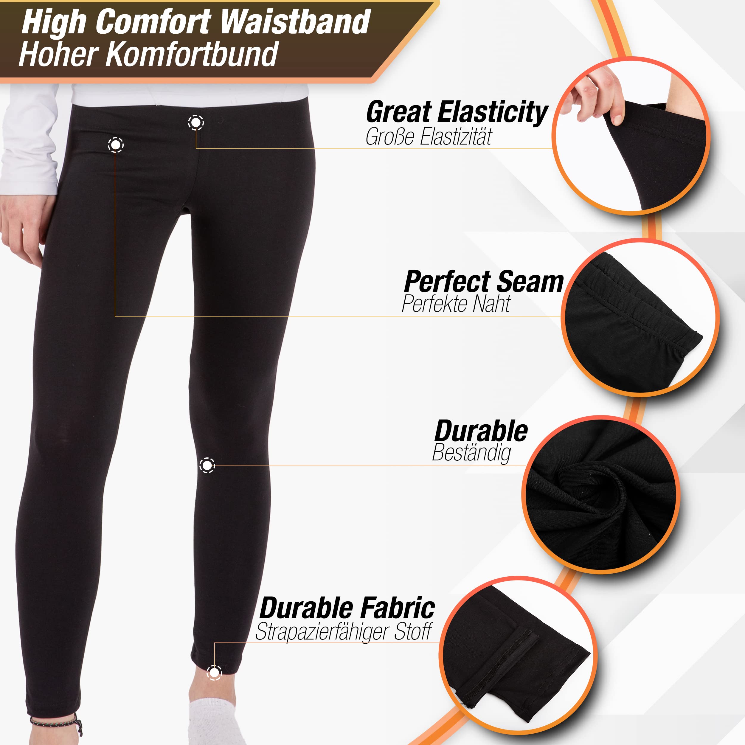 LOREZA® 3 Leggings Longs pour Filles Coton Opaque Pantalons de Loisirs élastiques Quotidiens