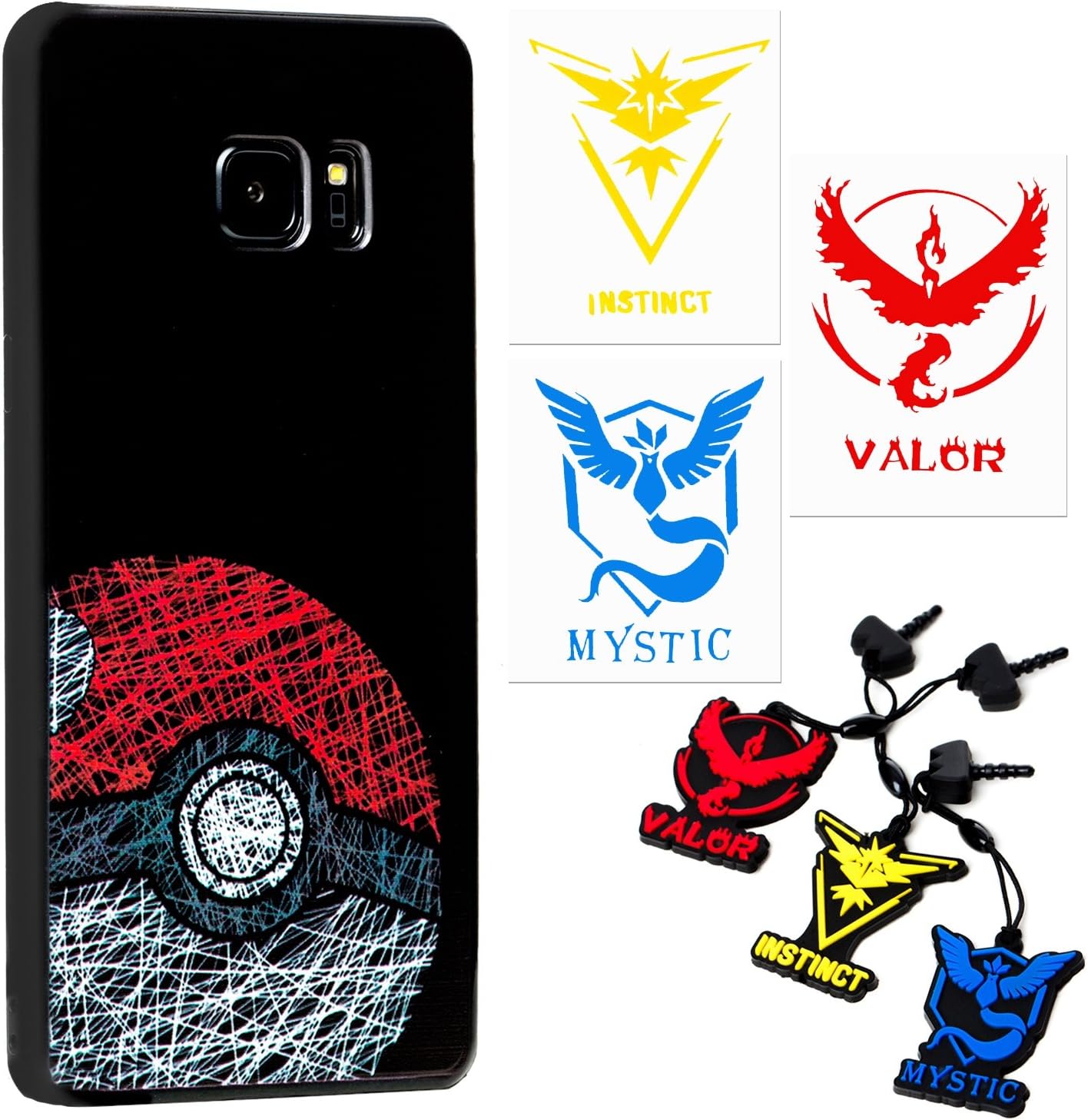 Galaxy S7 Edge Case - Pokemon Go Theme [Pokeball Design] (1) + Audio Plug Charm Valor, Mystic & Instinct (3) + 2" Decal for Each Team (3)