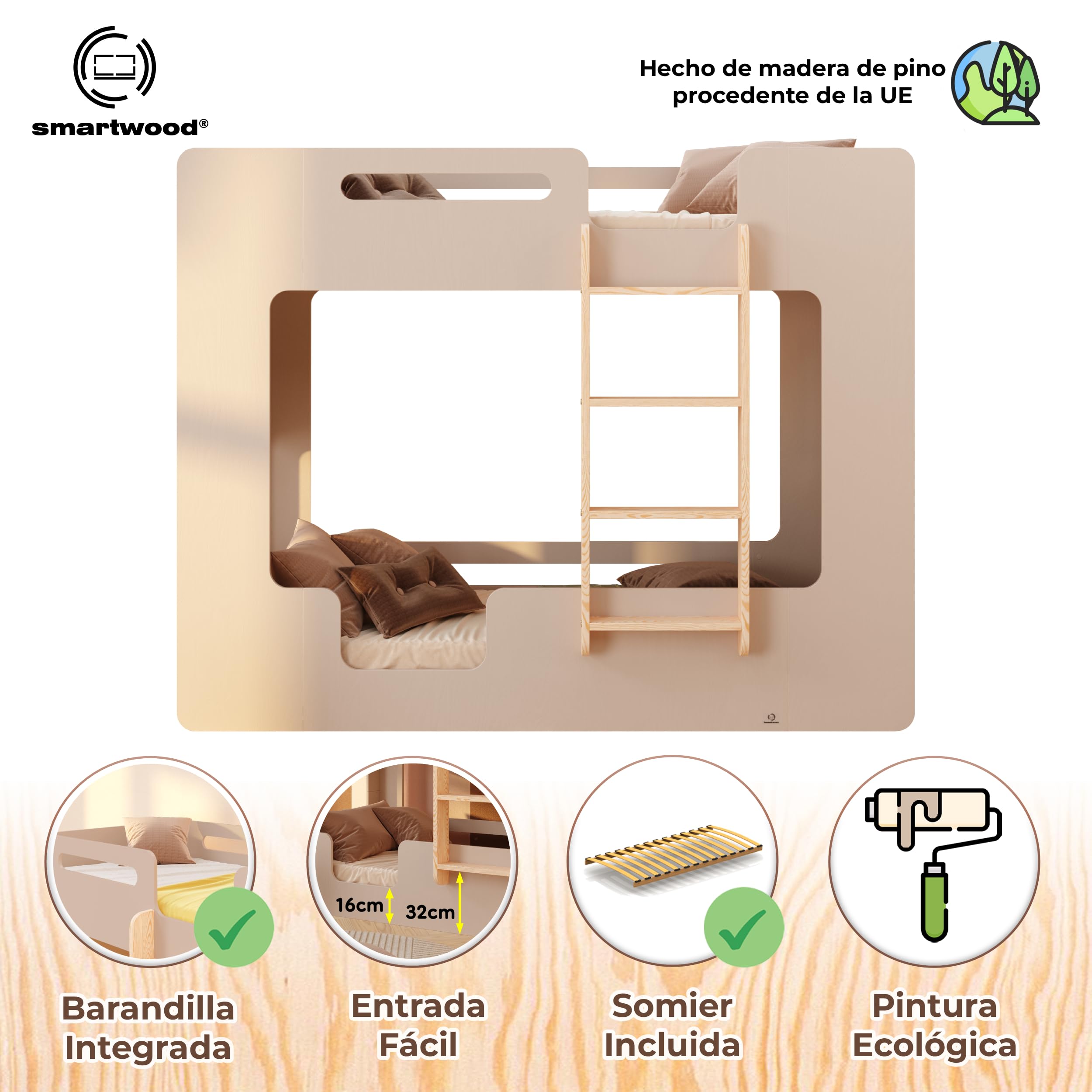 smartwood Litera Infantil 80x180 cm Cachemira - Cama Litera de Madera con Barandillas de Seguridad y Somier de Láminas - Soporta hasta 230 kg - para Niños y Niñas - Mimi B