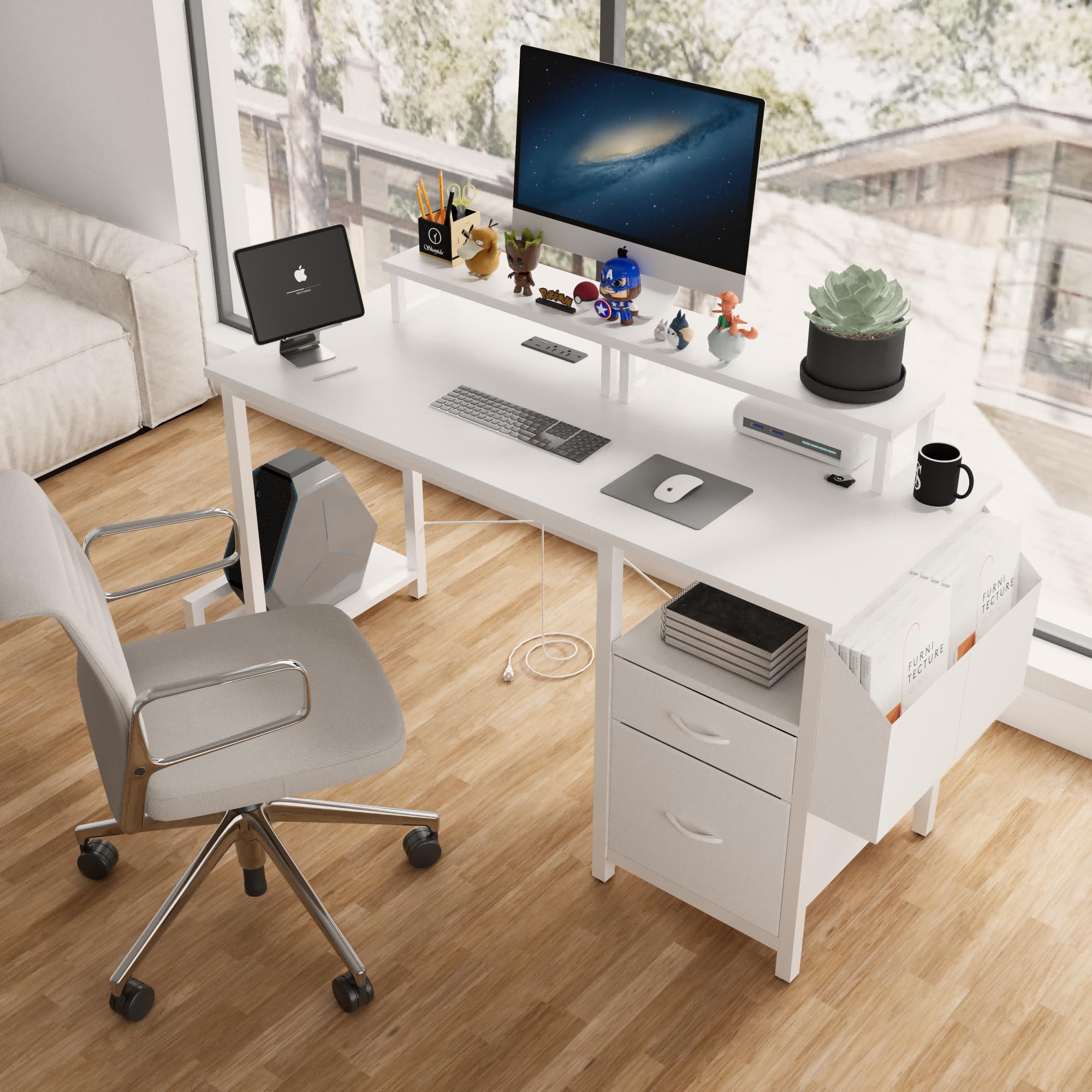 47 Gaming Desk with Power Outlet 2 Movable Monitor Stands and USB Ports Office Desk with Storage Shelf