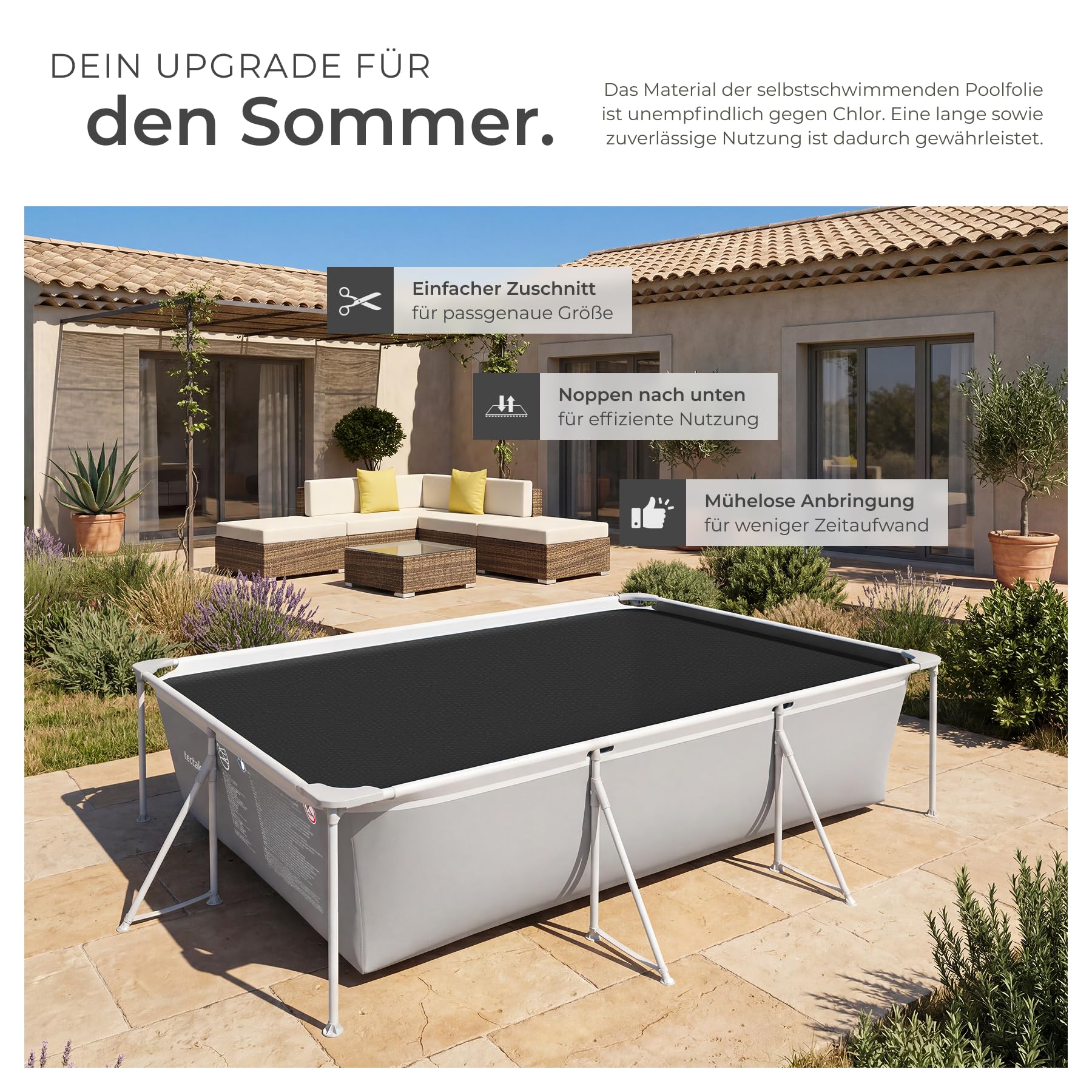 tectake® Poolabdeckung rechteckig, 200x300 cm, rechteckig, selbstschwimmend, zuschneidbar, 110 μm Stärke, Solarfolie, Schutzfolie, Poolschutz, Schwimmbadabdeckung, Poolabdeckplane - schwarz