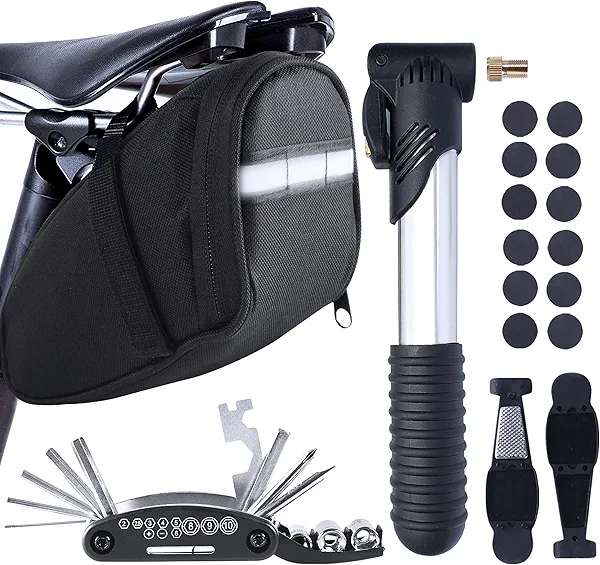 MASPODER Bike Repair Kit, Saddle Bag with Tire Tool, Mini Pump, Multitool Bicycle Accessories Set for Adult Bikes Road Mountain MTB