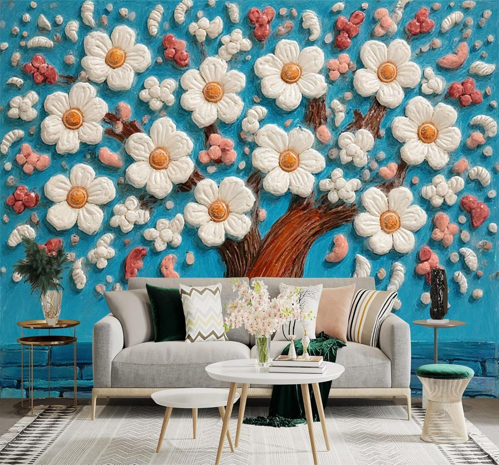 Tzxztt 400Cm×280Cm(B×H) Blossoming White Tree Blue Background Texture Art Modern 3D Wallpaper Premium Textured Silk Neutral Tones Material Ideal For Living Room Bedroom-400Cm×280Cm