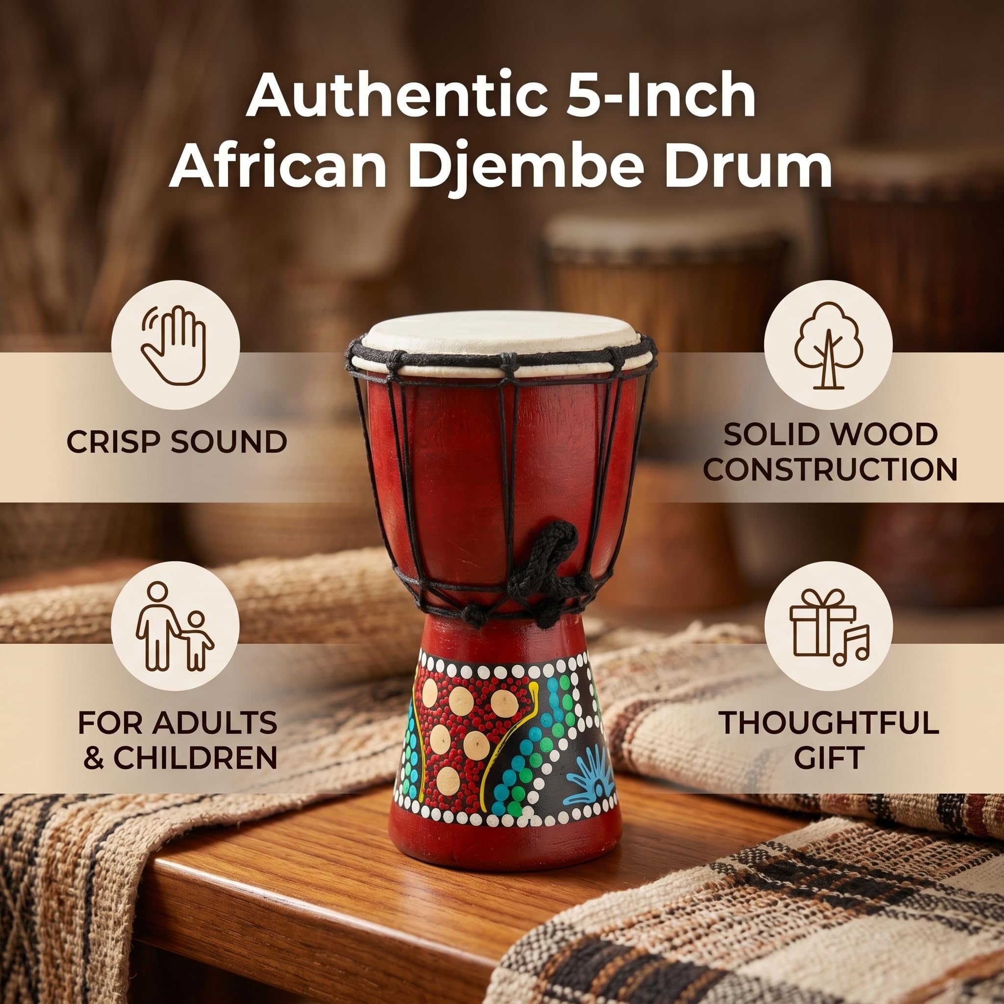 RiToEasysports Percusión Djembe de Mano de Madera de Tambor Africano, Sonido Claro para Adultos y Niños, Madera Maciza para Amantes de la Música