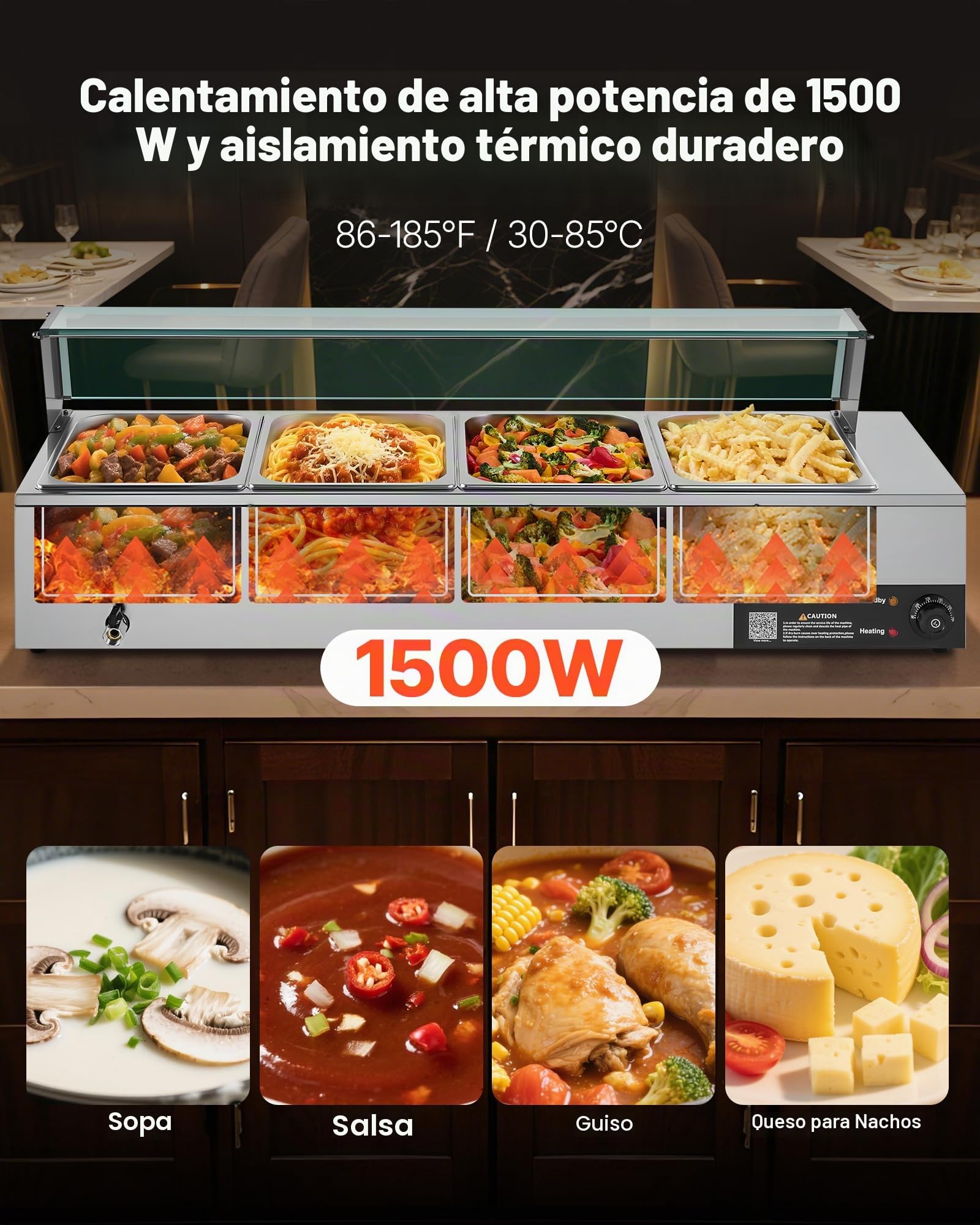 VEVOR Calentador de Alimentos Eléctrico de Acero Inoxidable 1500 W con Vapor y Cubierta de Vidrio, 4 Bandejas, Baño María con Cucharones, para Restaurantes y Fiestas, 1185 x 365 x 385 mm, Plata