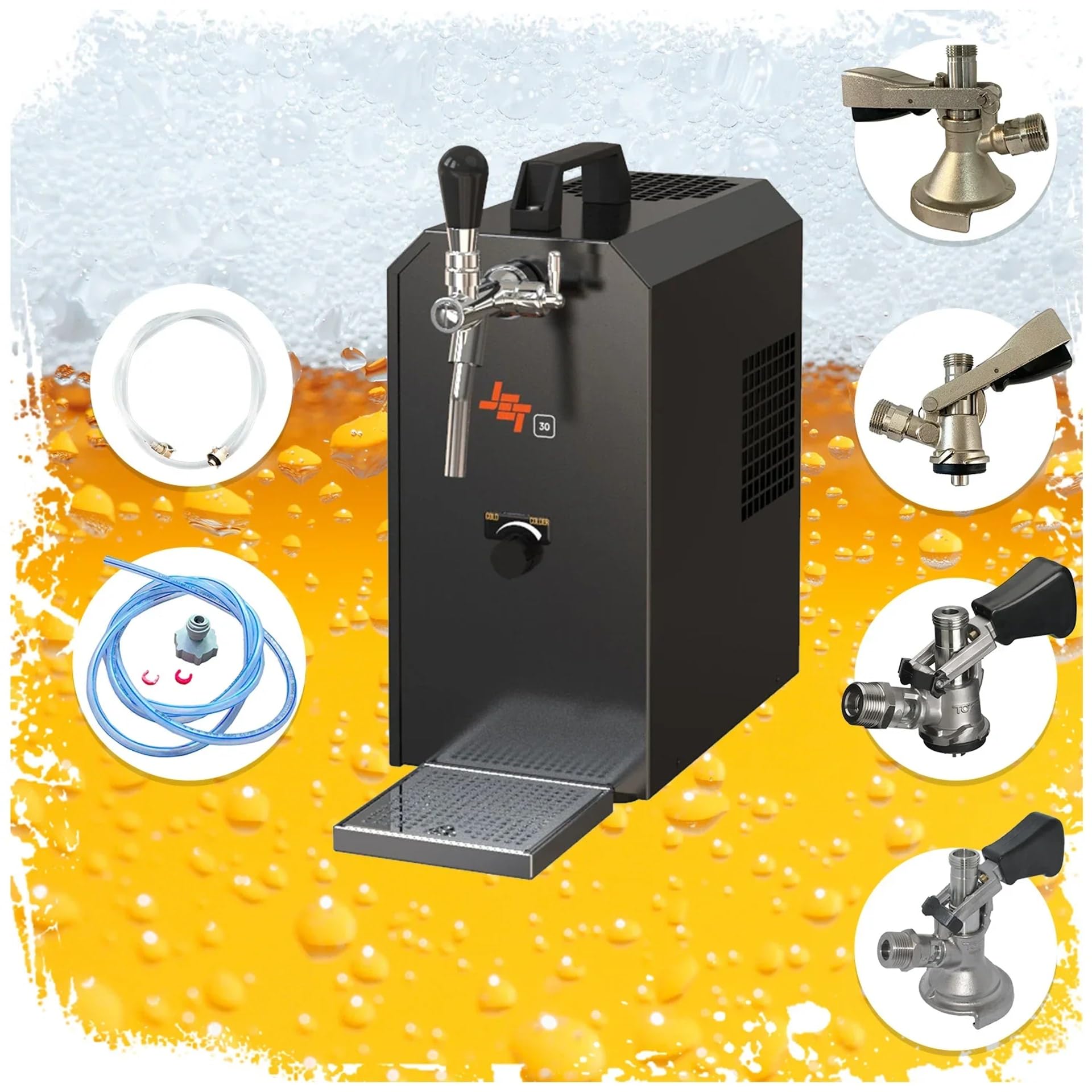 Set completo impianto di spillatura birra Jet 30K con pompa ad aria, raffreddatore in linea monocanale a secco, 35 l/h, testa di spillatura inclusa, set di tutti attacco fusto birra