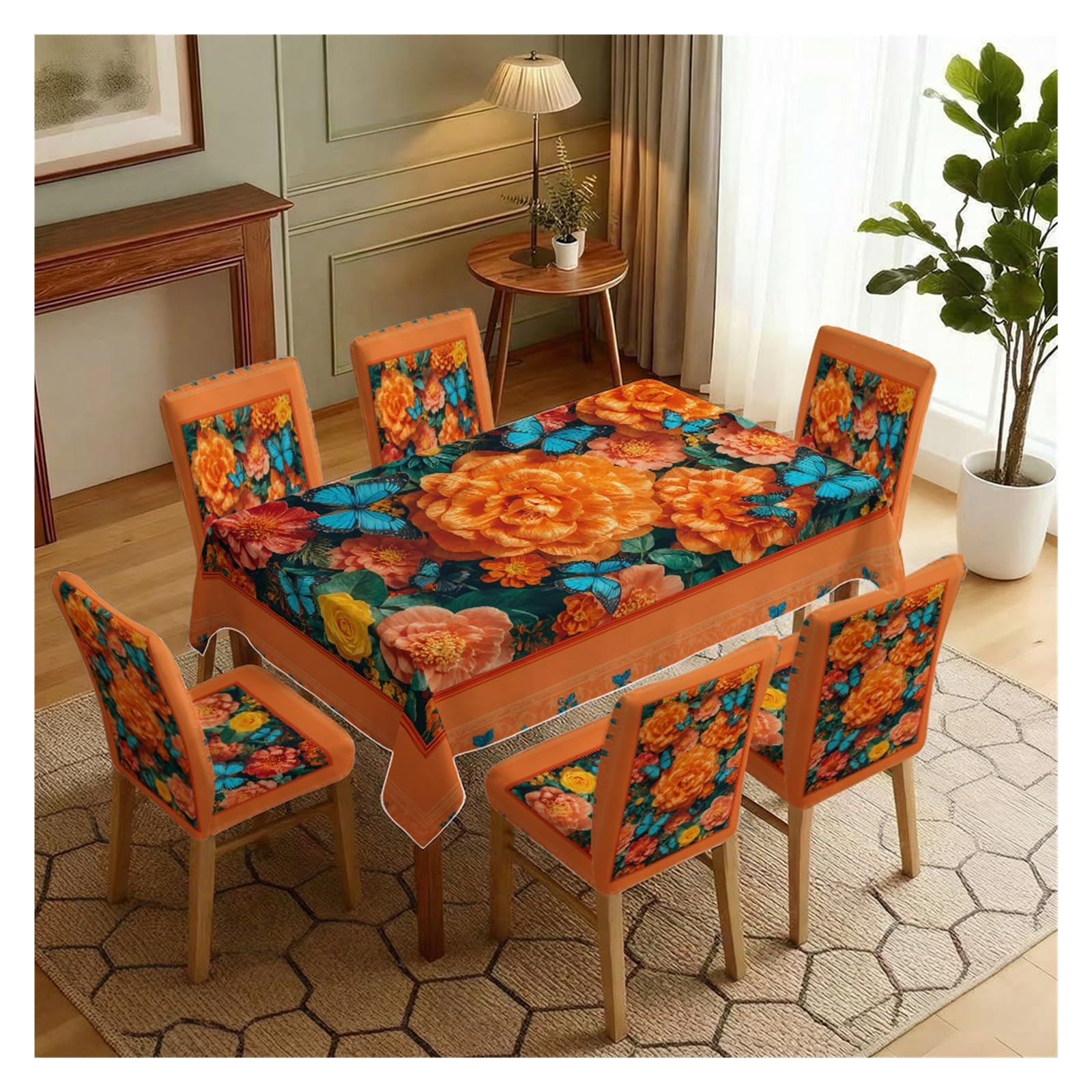 BOSUYBN Stretch Dining Chair Slipcovers And Tablecloth Set, Orange Peony Blue Butterfly Boho Print, 5/7 Pack For Dining Room Home Decor Table Setting(7pcs Set: Tablecloth+Chair Covers)