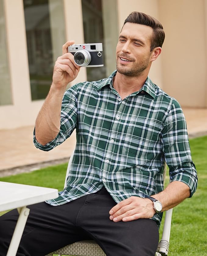 J.VER Long Sleeve Shirts for Men Cotton Plaid Button Down Shirt Business Casual Work Top with Pocket