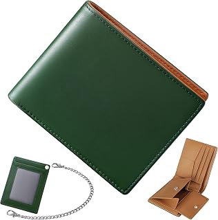 【GSG】栃木レザー 財布 メンズ 2つ折り 大容量 チェーン付き さいふ 薄型 コンパクト 取り外しパスケース付き 本革 人気 ブランド グリーン＋ブラウン 24057