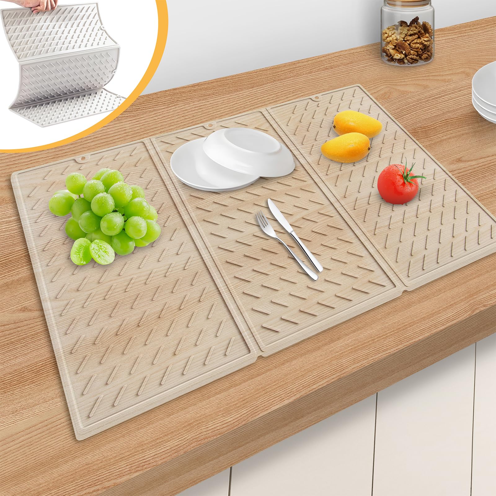 Silikon-Abtropfmatte, Abtropfmatte, Küchentheke, faltbare Abtropfmatte, groß mit Haken, leicht zu reinigen, 61 x 40 cm
