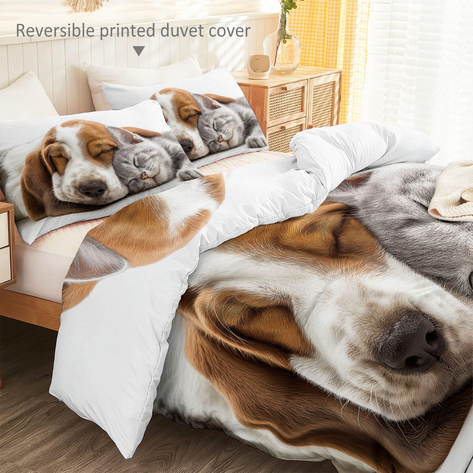 Biancheria da letto da 155 x 220 cm, in 100% microfibra, non necessita di stiratura e morbida, con stampa fotografica, con simpatici animali e cuccioli, stile minimalista, con chiusura lampo, 2 federe