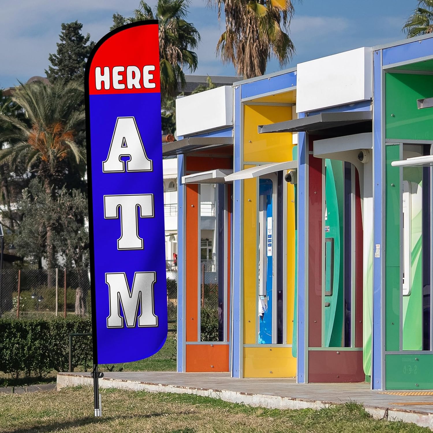 SmoothNovelty Atm Here Feather Flag 15 ft Tall Aluminum Flagpole Spike Kit and Grommet Polyester Fabric Outdoor Opening Advertising Banner Flag for Promotions Hardware