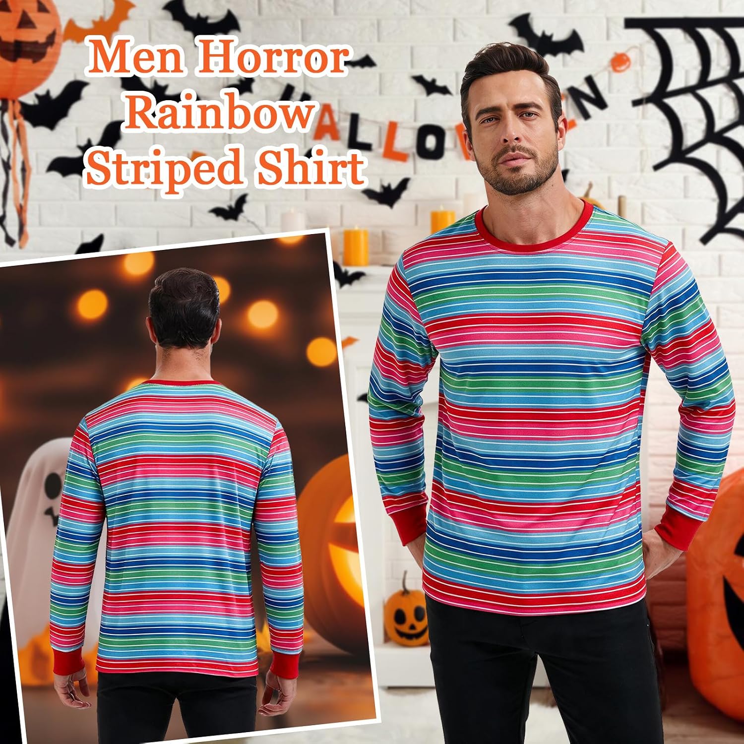 Men Horror Rainbow Striped Long Sleeve Tee for Halloween
