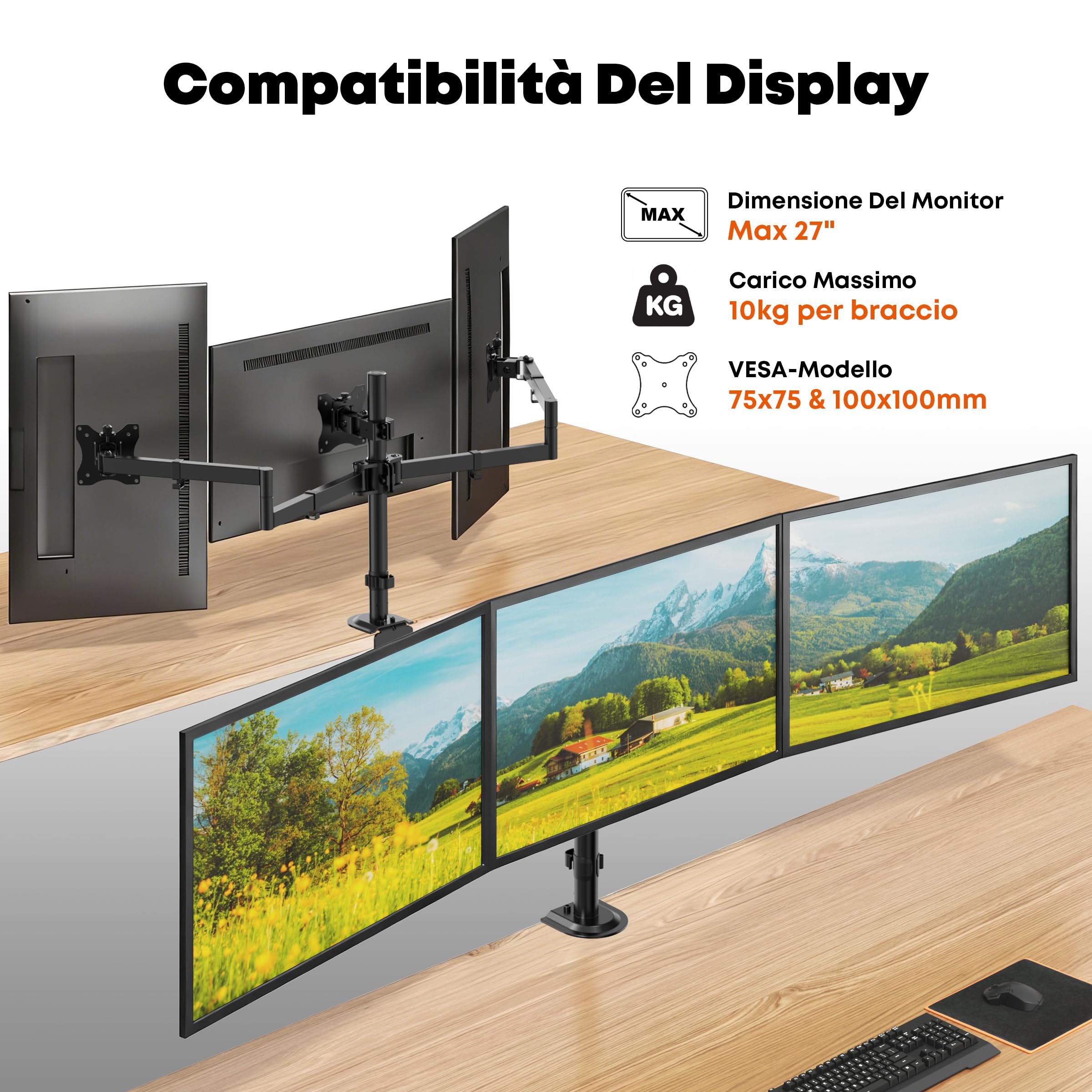 Braccio per Monitor Triplo per 3 Schermi 27" - Supporto a Clamp da Tavolo, Carico 10kg per Braccio, VESA 75/100, Regolabile in Altezza/Inclinazione/Orientamento - Home Office & Gaming
