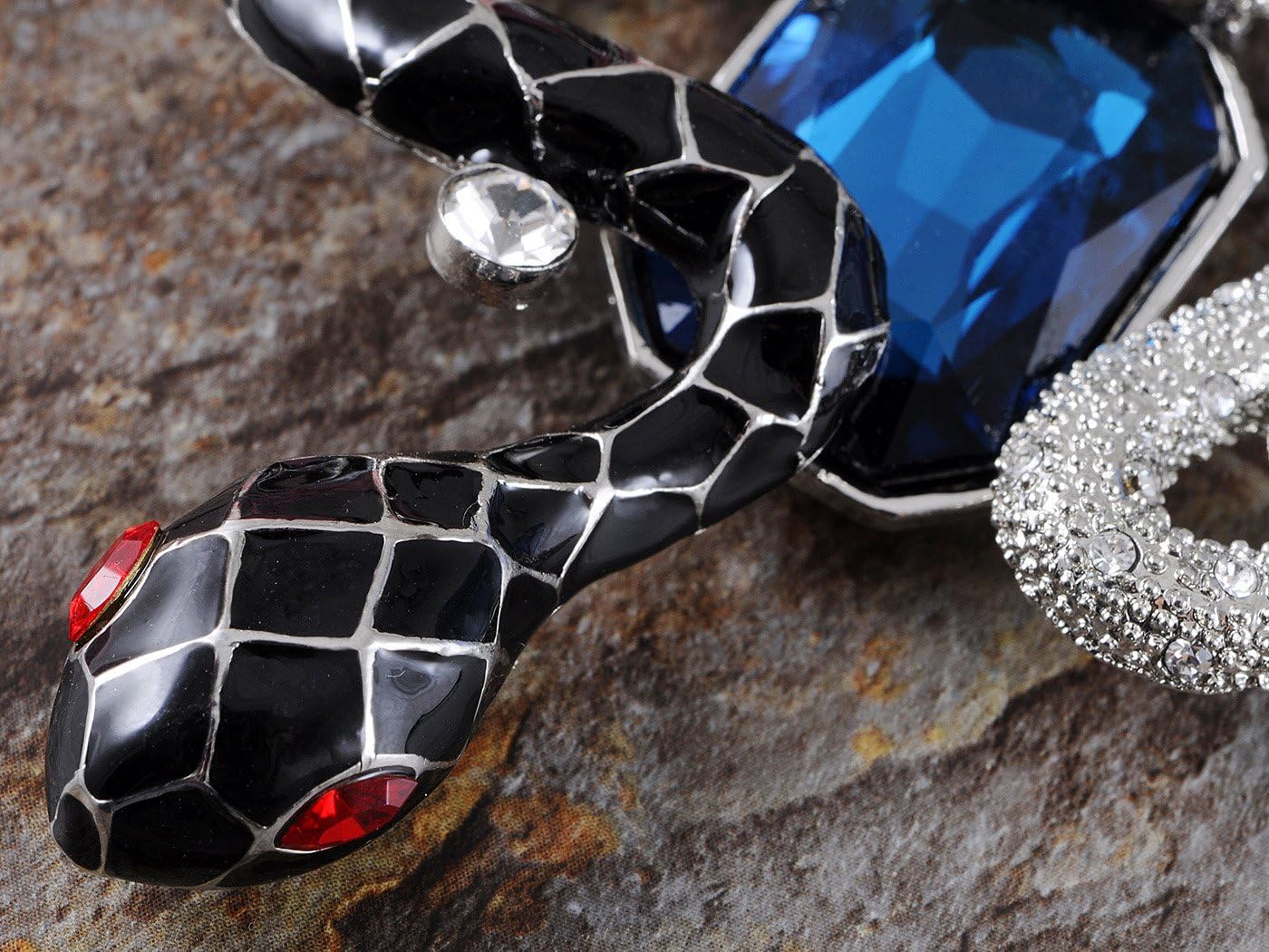 Alilang Sapphire Blue Black Silver Enamel Twin Snakes Crystal Rhinestone Necklace Earring Set