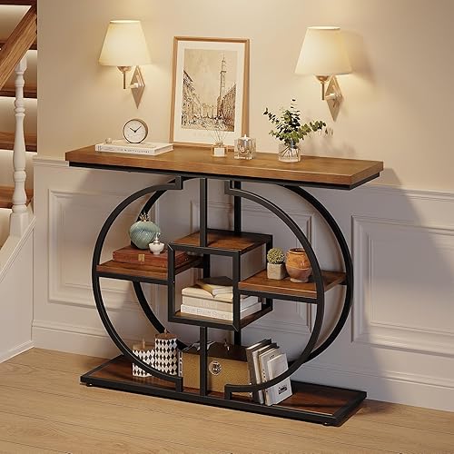 GiftGo Mesa Consola Estrecha para Entrada Mesa de Sofá Industrial de 4 Niveles Detrás del Sofá con Base Circular Mesas de Acento de Madera Rústica