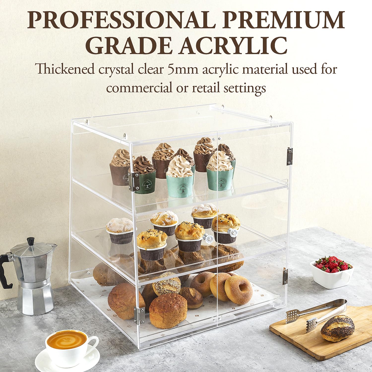 MyGift Panera de acrílico transparente de 3 niveles, vitrina de pastelería de grado profesional con bandejas extraíbles y puertas traseras magnéticas para uso doméstico o comercial